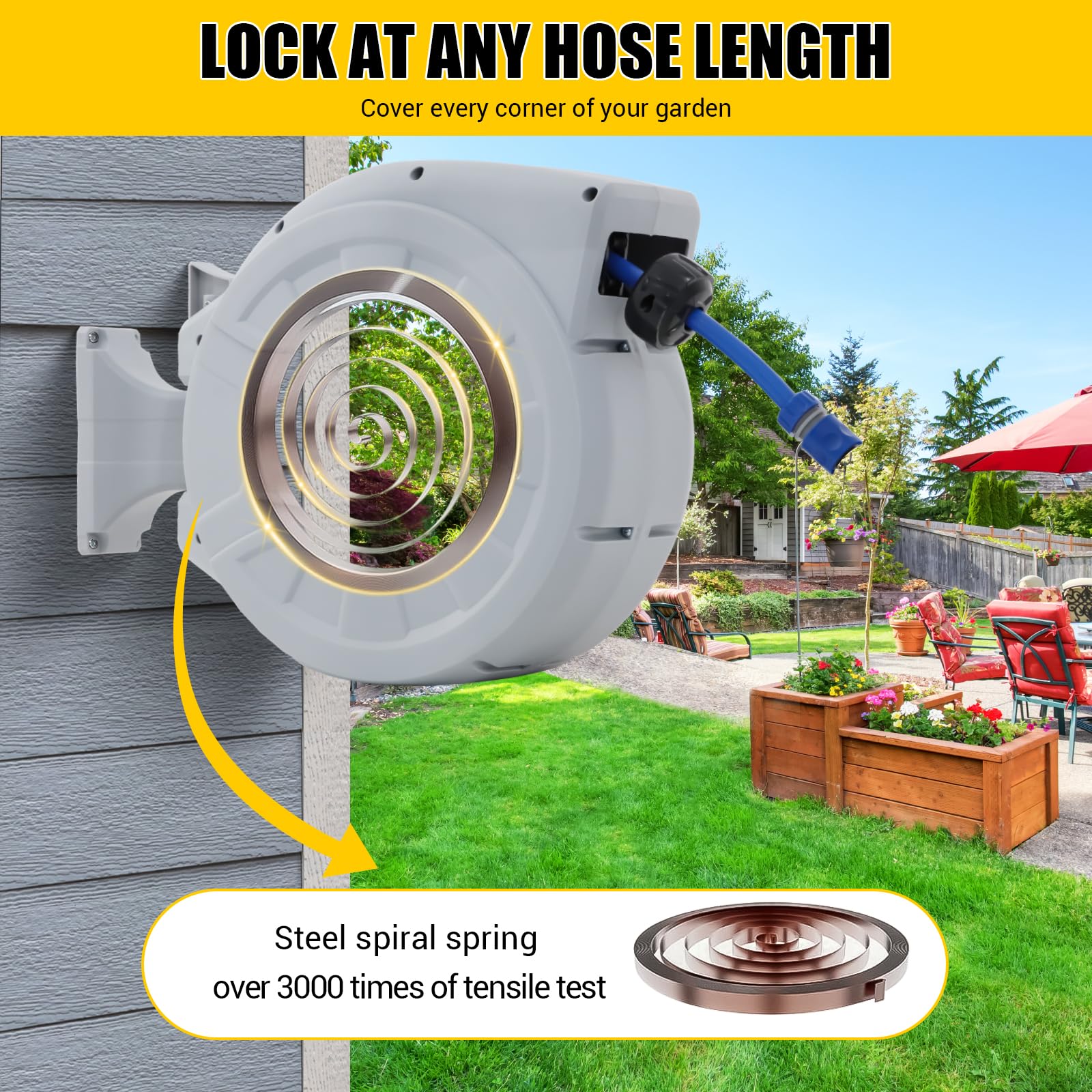 Boîte de tuyau murale de 30 m avec enrouleur automatique - Pistolet pulvérisateur à 8 fonctions, support mural orientable à 180°, pour arrosage du jardin et nettoyage de la voiture