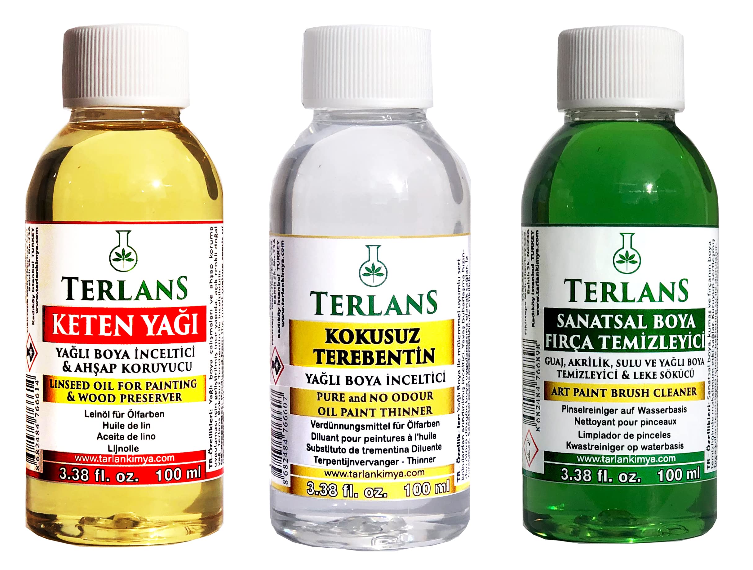 Terlans Yağlı Boya Seti Yardımcı Malzemeler 3x100ml Boya Fırça Temizleyici - Kokusuz Terebentin - Keten Yağı