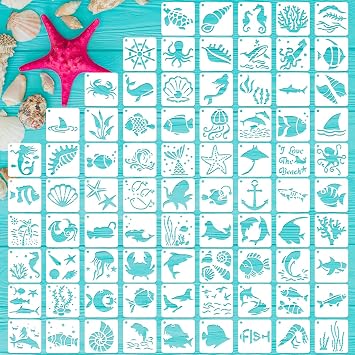 80 Pcs Ocean Animal Painting Stencils Reusable Sea Stencils for Painting on Wood Rocks Canvas Fabric Glass Pottery 2x2 Inch
