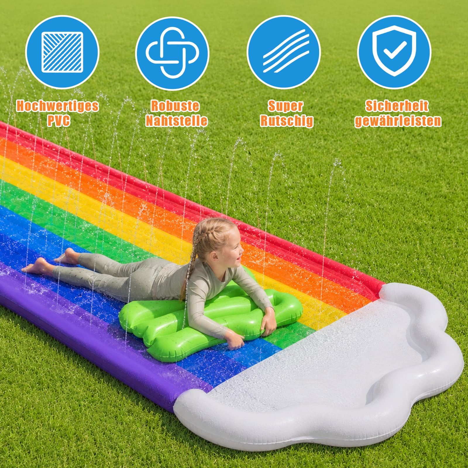 Morofme Toboggan aquatique arc-en-ciel pour enfants, 480 x 140 cm, double toboggan d'eau avec planche de bodyboard, toboggan d'eau avec pulvérisateur d'eau, pour adultes, enfants, extérieur, pour