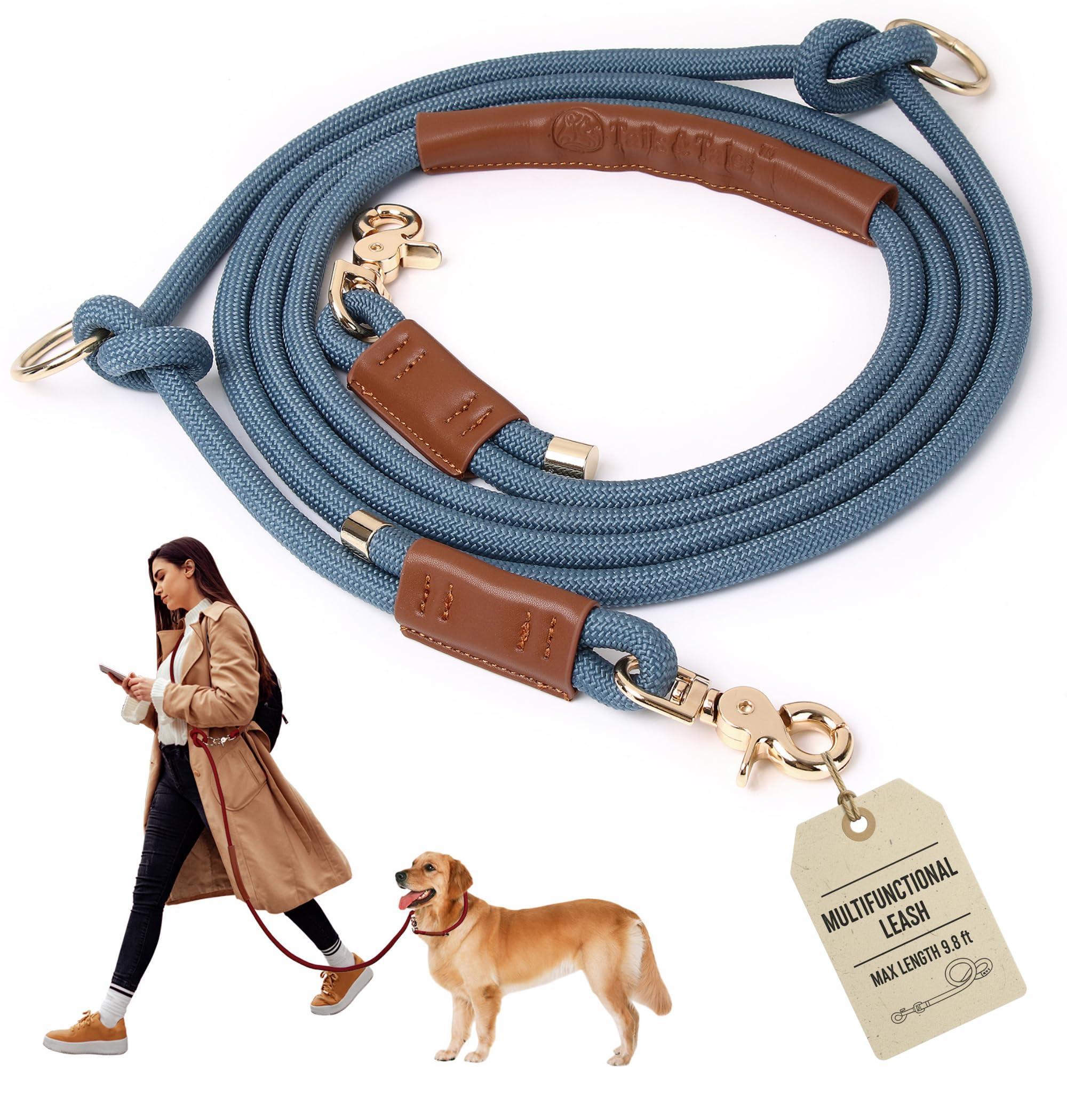 Tails & Tales Hands Free Dog Leash for Walking Running Training, Adjustable Lead Up to 9.8ft, Dogs Up to 125lbs, Crossbody, Dual Handle, Multifunctional, Double Attachment for 2 Dogs (Tapestry Blue)