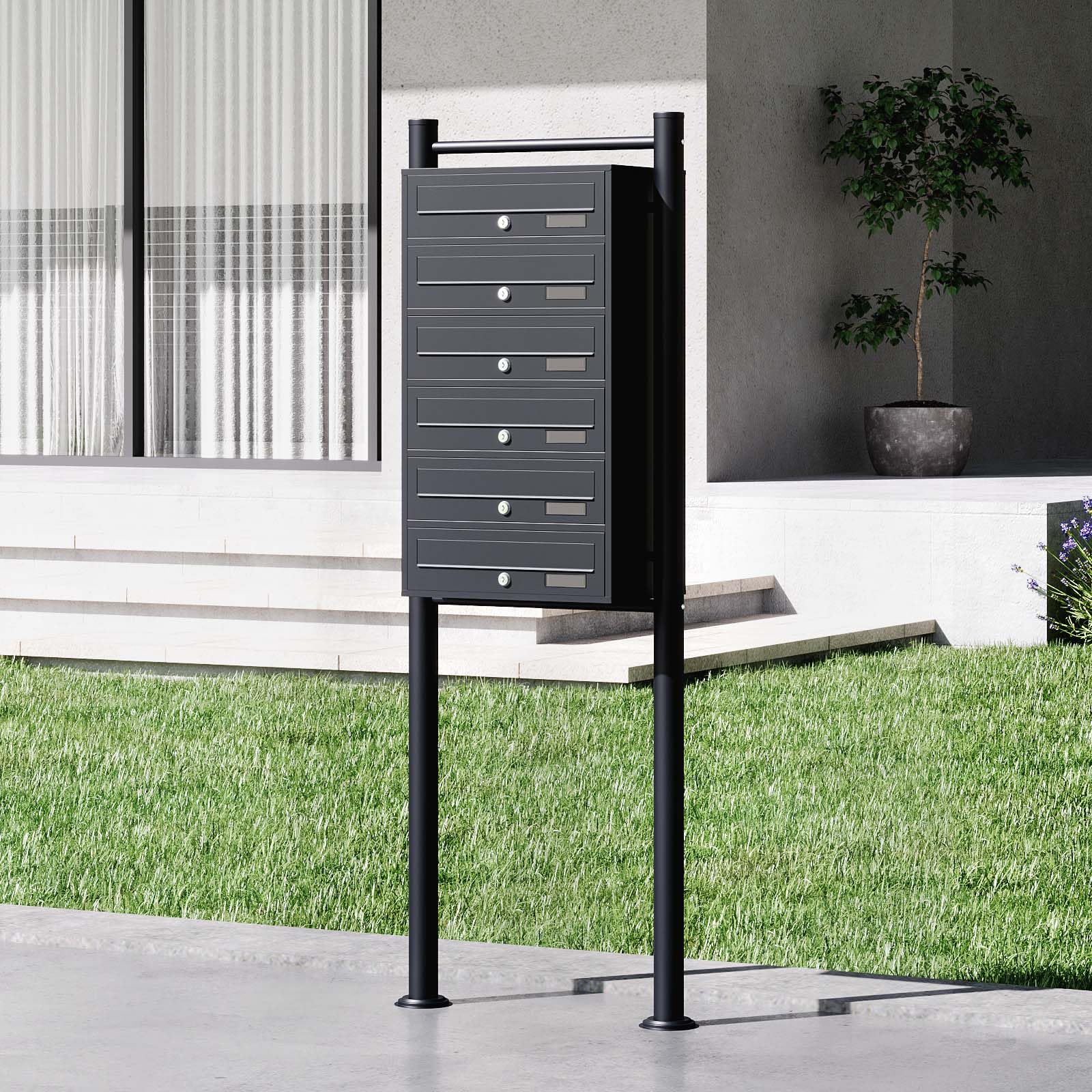 Wiltec Boîte aux Lettres sur Pieds Noire 556 x 270 x 1500 mm, avec 6 Compartiments verrouillables et Porte-nom, Revêtement en Poudre, pour Courrier