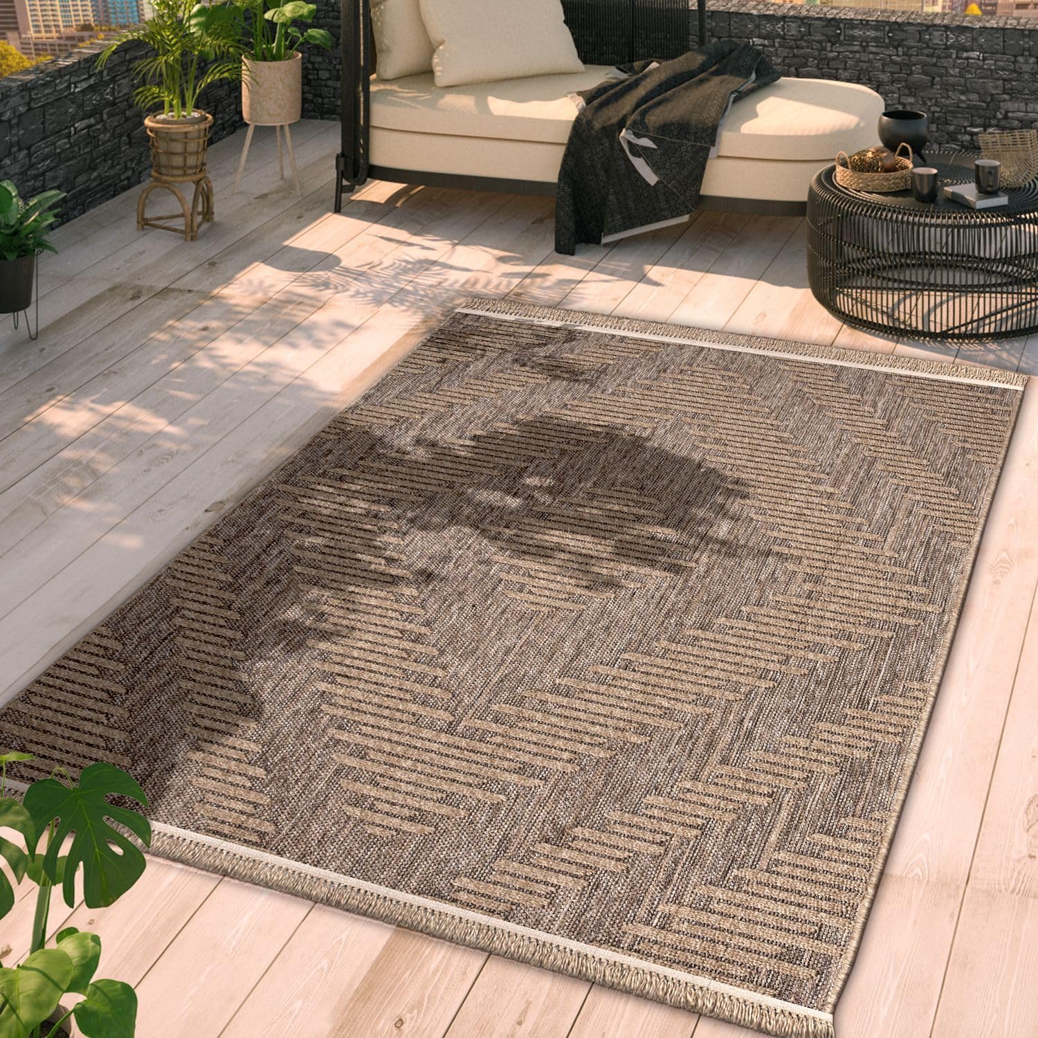 Paco Home in- & Outdoor Rug Natural Look with Modern Diamond Design in Beige Black, Size: 2'8" x 4'11"