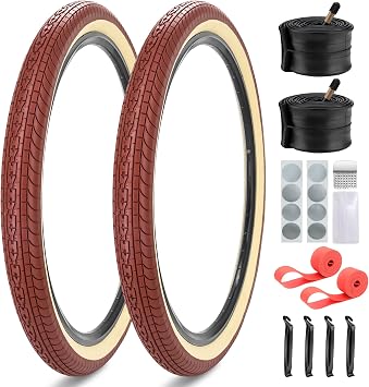 2 Pack 24x2.125 / 26x2.125 / 26x2.35 Inch Beach Cruiser Bike Tires and Tubes AV 32mm Brown Cream Wall with Rim Strips for Retro Beach Commuter Hybrid Bicycles