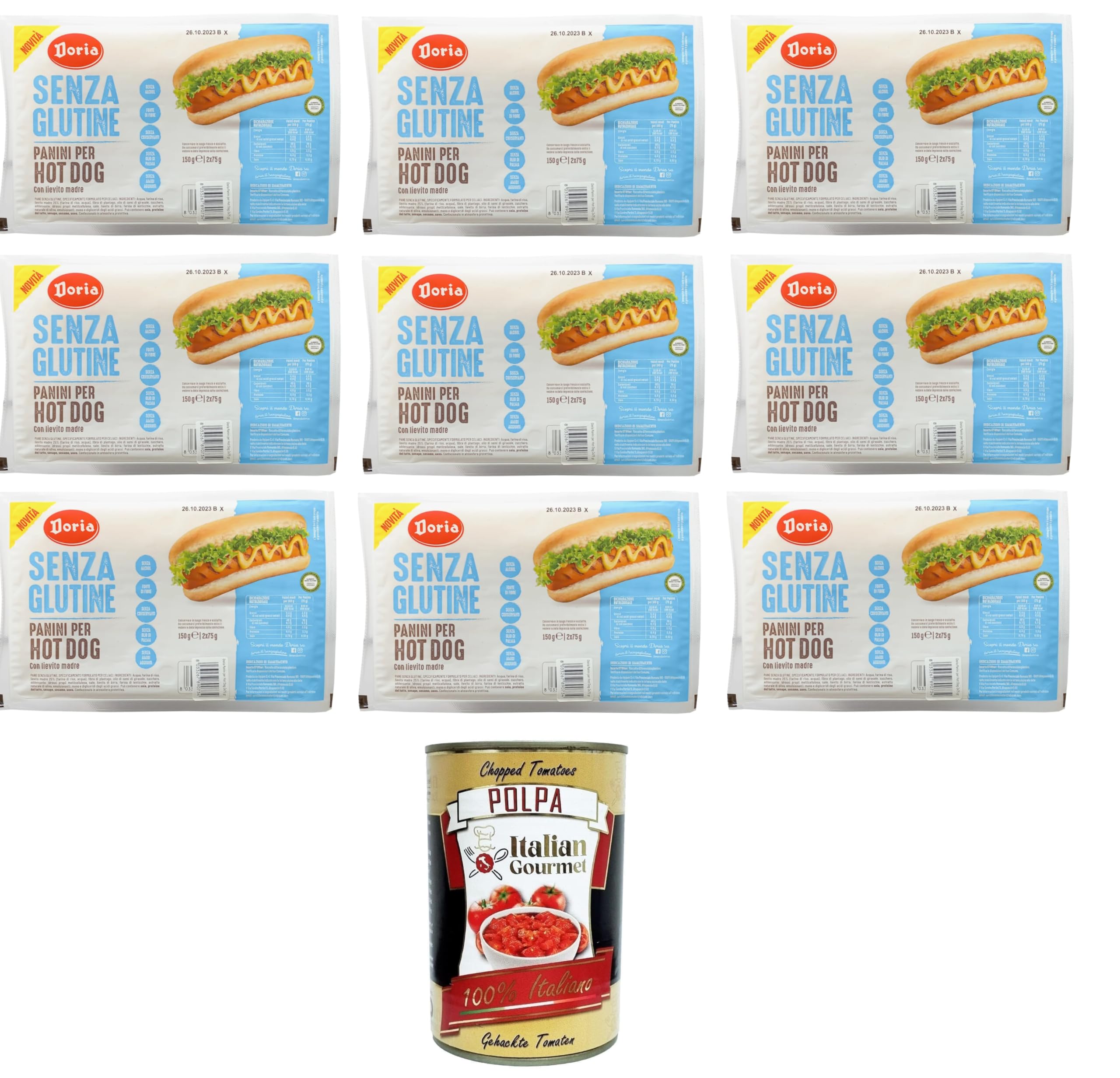 Doria Panini per Hot Dog senza glutine Glutenfreies Hot Dog Panini 9x 150gr+ Italian Gourmet polpa 400g