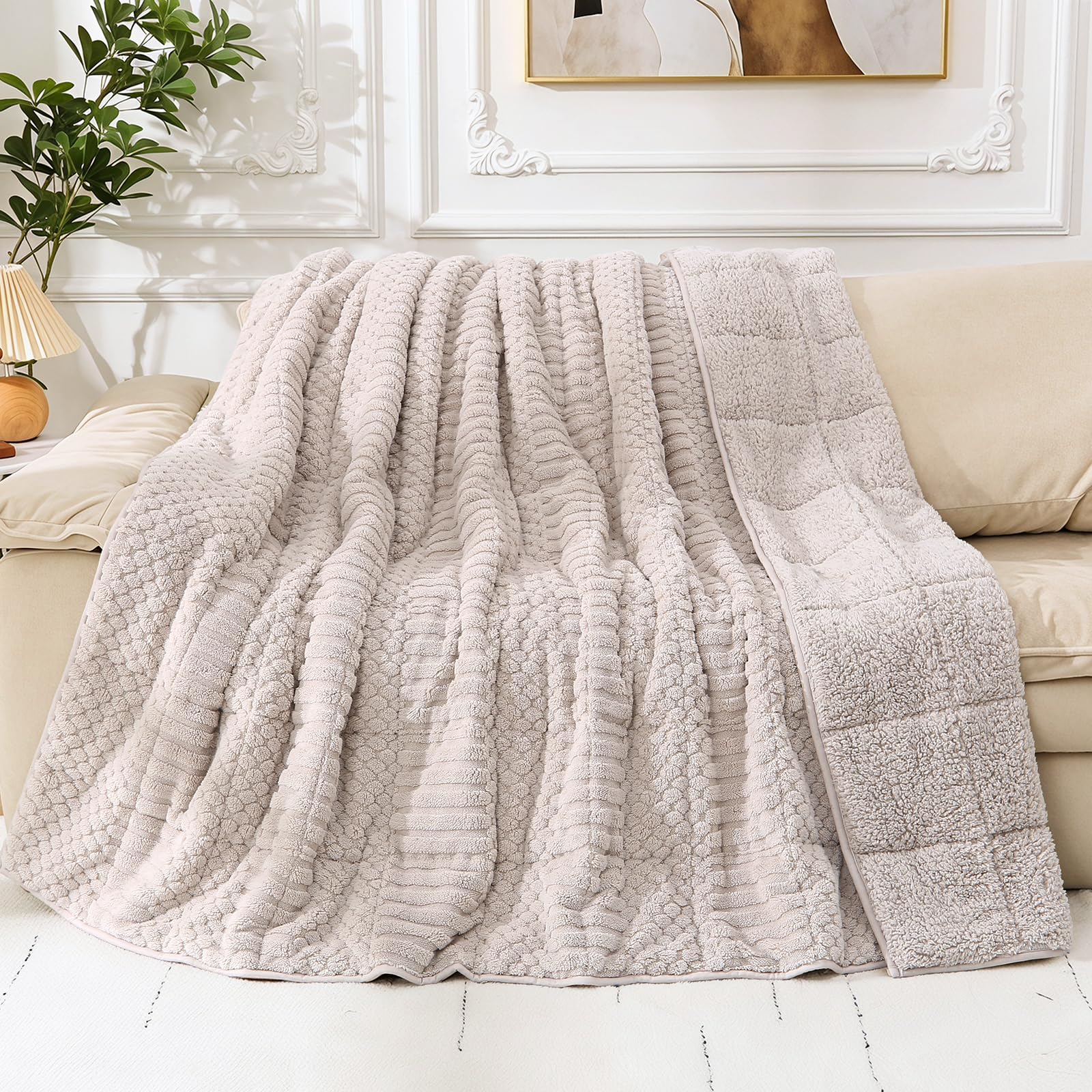 Cottonblue Weighted Blanket 15 lbs for Adults Queen Size Soft Sherpa Fleece | Fuzzy Jacquard Heavy Blankets Throw 60"x80" for Sleep Calm Relax, Cozy Warm Knitted Heavy Blanket for Bed Sofa,Grey &amp; Beige
