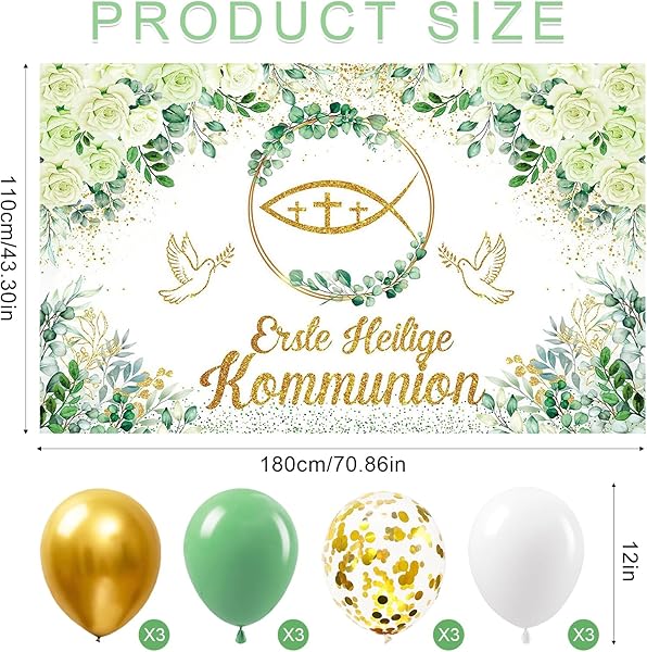 110x180cm Kommunion Confirmation Banner, Gold-Grün Eukalyptus Hintergrund mit 12 Luftballons, Taube, Holzfisch & Kreuz, Hängedeko für Jungen und Mädchen - 2