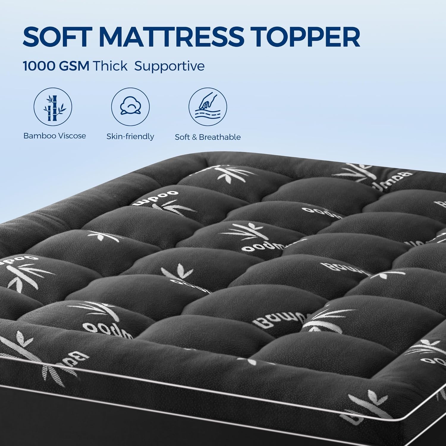 Mattress Topper Queen Size, Cooling Extra Thick Breathable Viscose Made from Bamboo Mattress pad, Soft Quilted Fitted Mattress Cover with 1000 GSM Down Alternative Fill (8-21”Deep Pocket) Dark Gray
