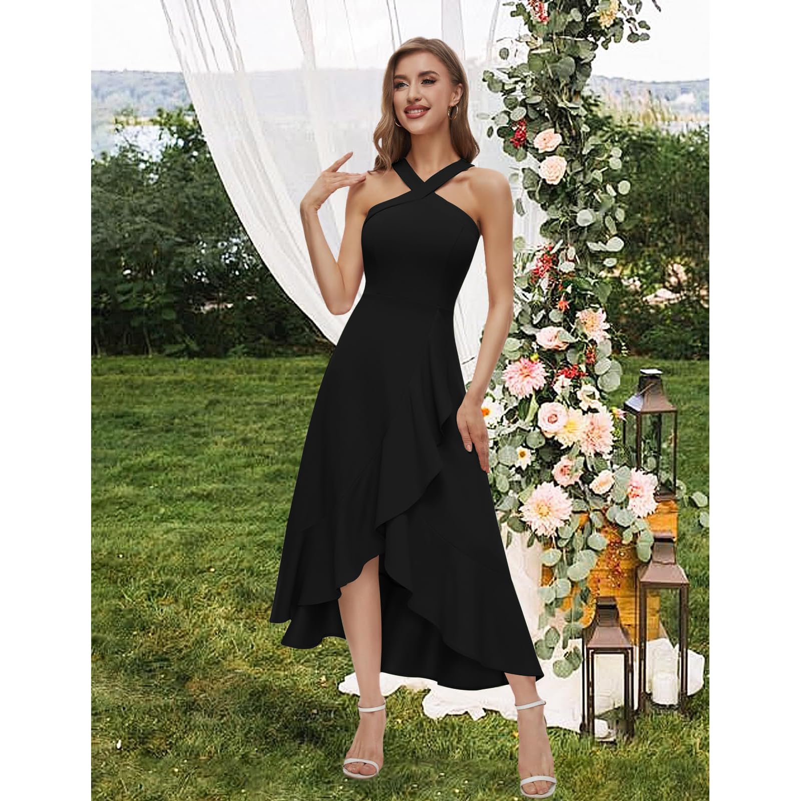 Robe de Cocktail Femme Robe de Soirée à Volants sans Manches avec Bretelles Robes Mi Longue Fluide de Mariage Elégant pour Fête Bal Promo Cérémonie