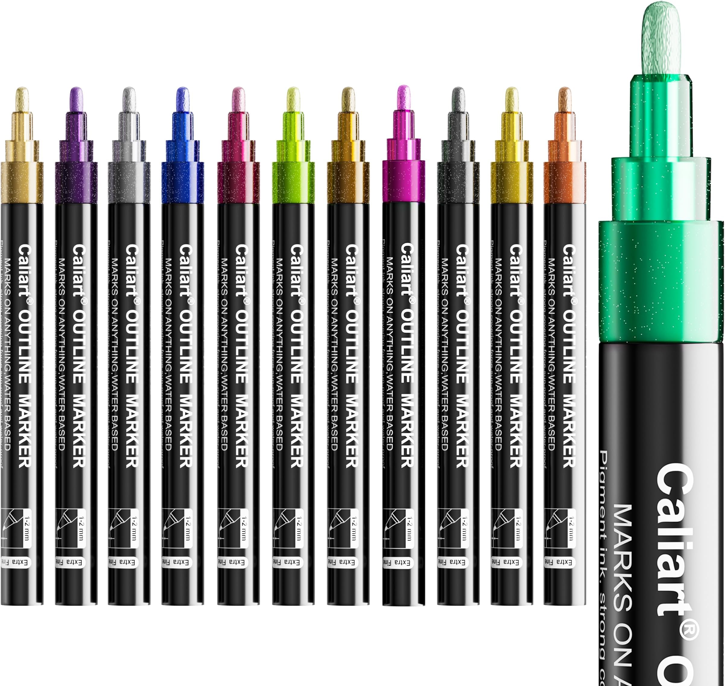 12 Colors Outline Markers Shimmer Glitter Pens, Cool Fun Craft Metallic Drawing Marker Set, Trendy Stuff Art Supplies Gifts for Artists Teen Kids Girls Adults
