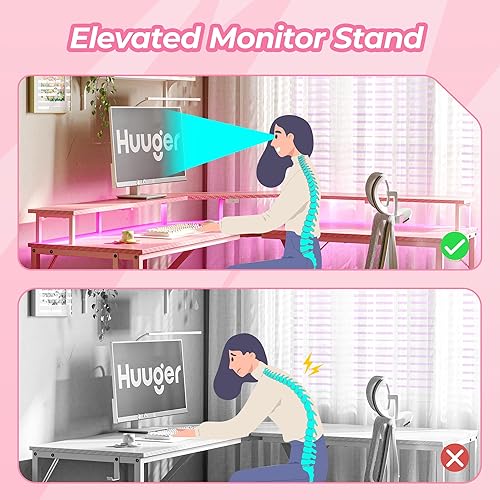 Miniatura 6 de Huuger - Escritorio para juegos en forma de L con tomas de corriente y luces LED, escritorio para computadora con estantes para monitor, superficie