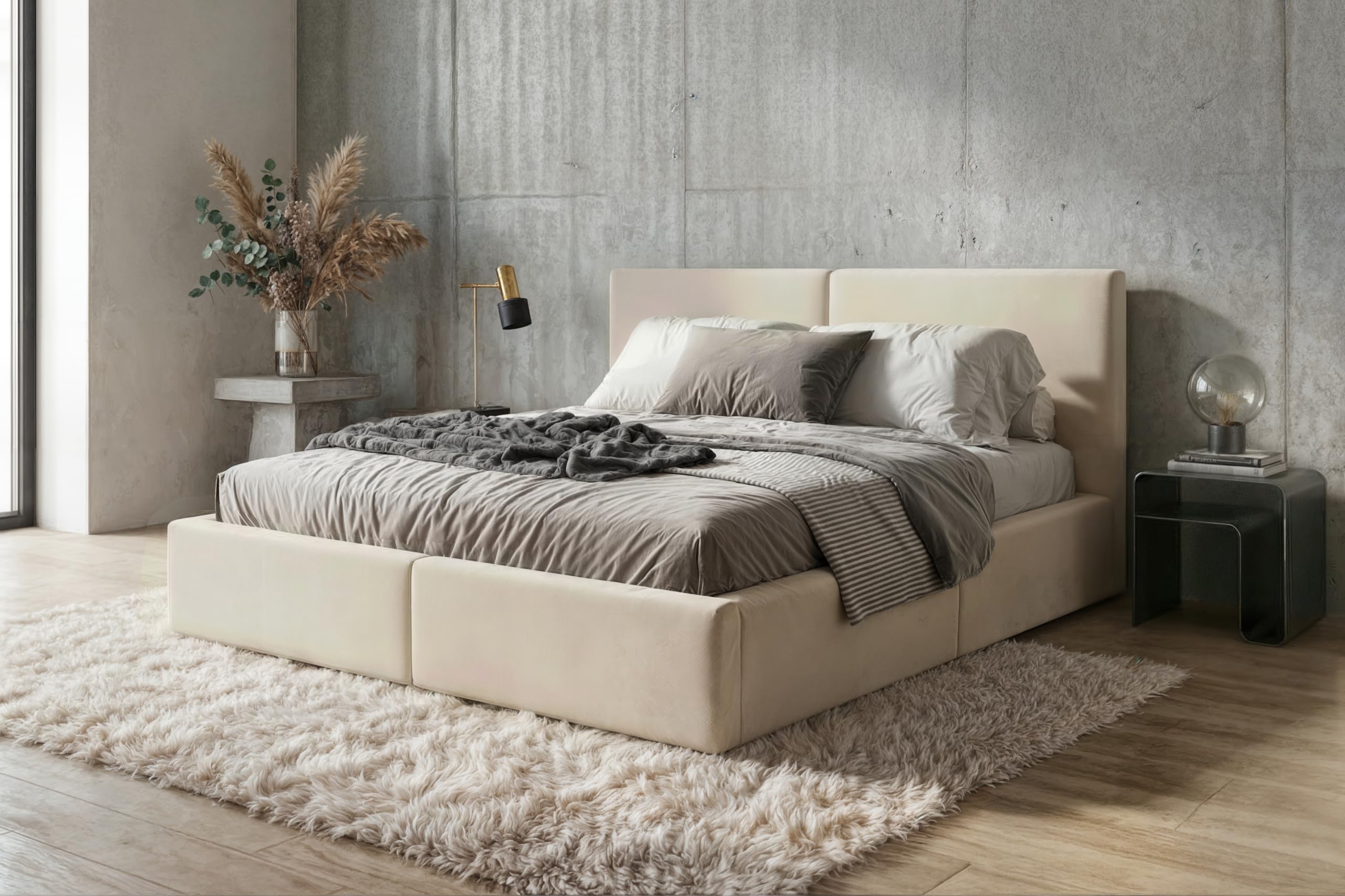 Letto imbottito 160 Hilton struttura del letto con rete a doghe in metallo con contenitore letto matrimoniale giroletto imbottito con cassettone letto per camera da letto (cashmere, 160x200)