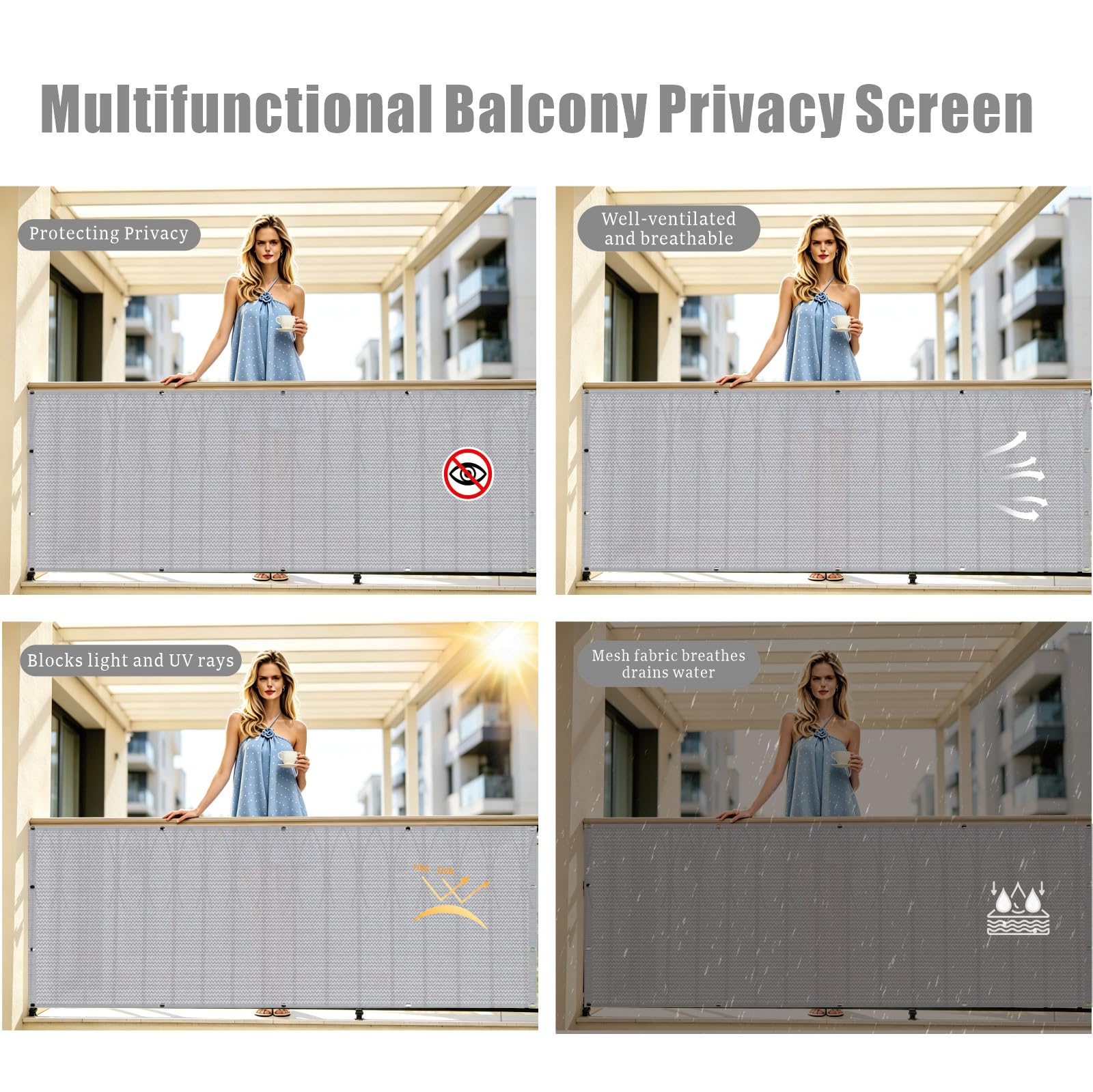 Osłona Balkonu 90 x 435 cm Hdpe, Stopień Zacienienia, 95% Uv, Przepuszczający Powietrze, Siatka Osłonowa Na Balustradę, Osłona Ogrodowa Z Użyciem Opasek Do Basenów, Jasny szary