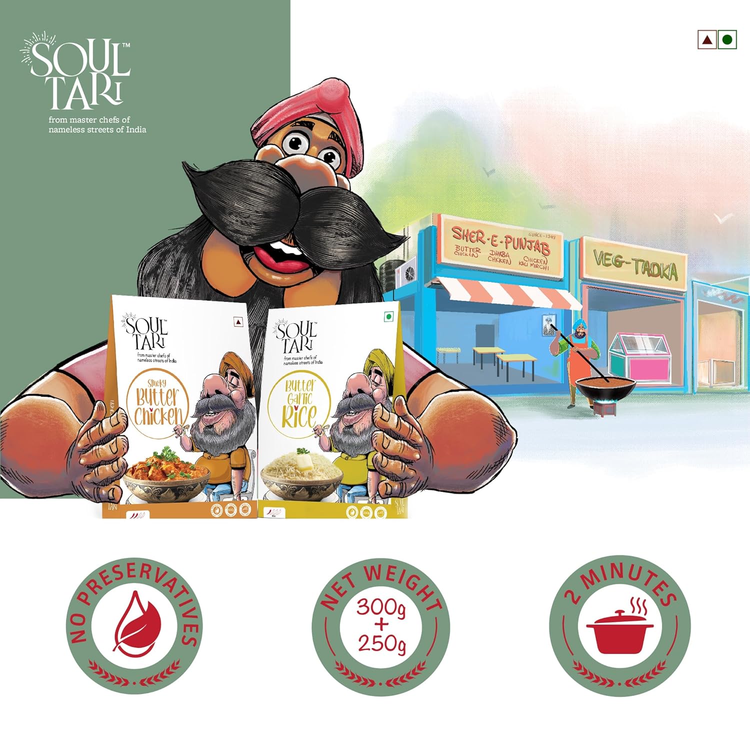 SOULTARI Combo of Ready To Eat Smoky Butter Chicken and Butter Garlic Rice 550g | Succulent Chunks Of Boneless Chicken In a Smoky Tomato Gravy With Fluffy Basmati rice with Garlic | Pack of 2