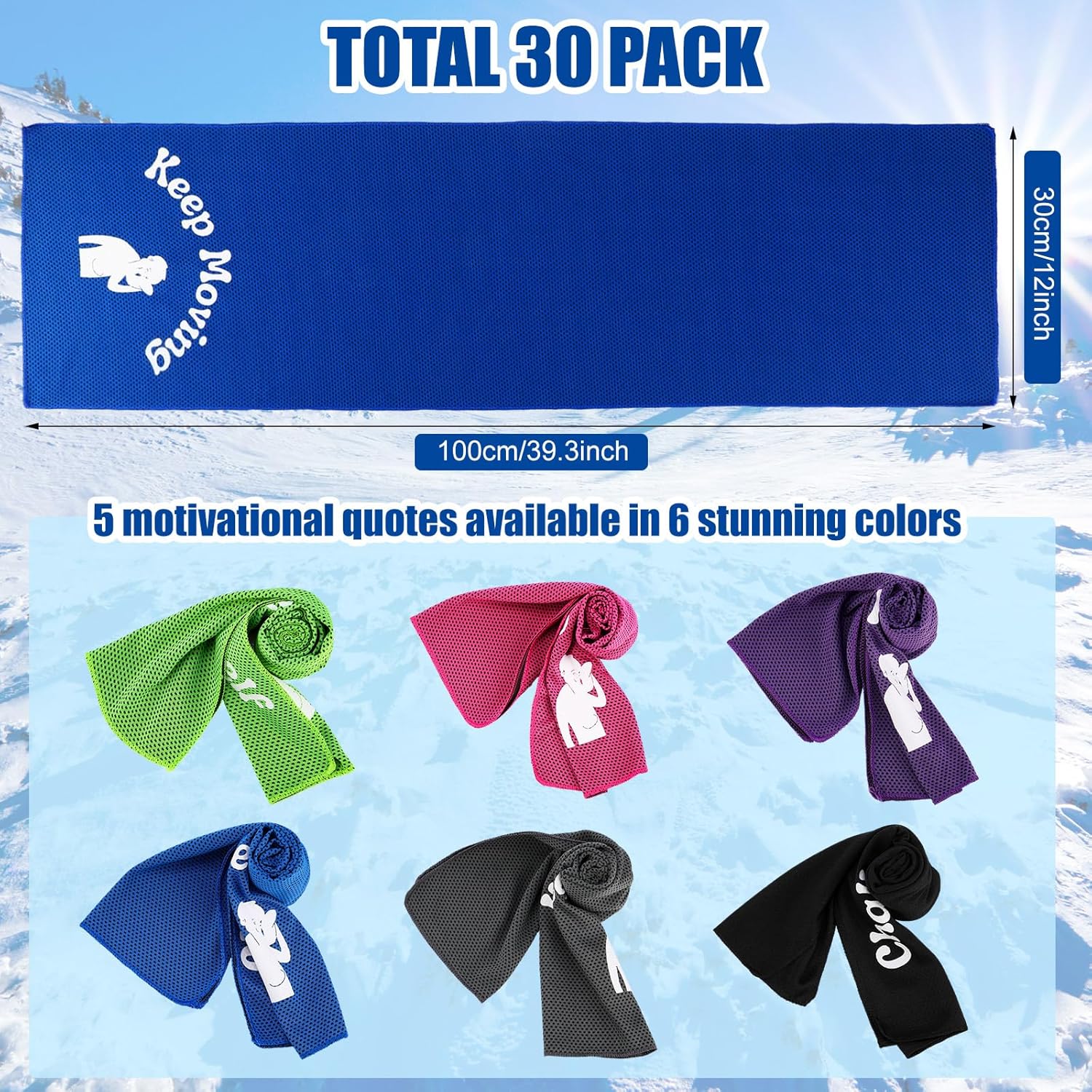 HunnmingRe 30 Pack Cooling Towels Bulk 40" x 12", Soft Quick Dry Microfiber Sweat Rag for Neck and Face, Inspirational Towel Gift for Football Team Workout, Swimming, Gym, Running, Yoga and Sports