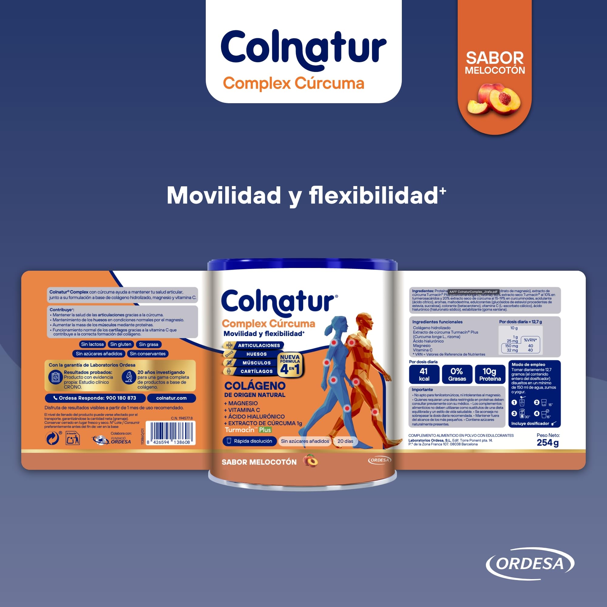 Colnatur Complex Cúrcuma Sabor Melocotón | 254g | Colágeno con Magnesio, Cúrcuma y Vitamina C para Músculos y Articulaciones