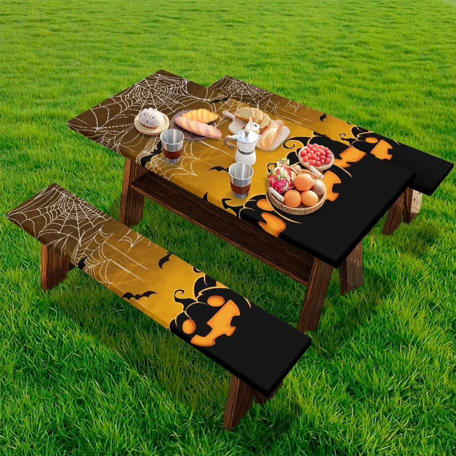 Binienty Halloween Pumpkin Bat Picnic Table Cover 6 Fit Halloween Outdoor Decor Spider Web Table Cover with Bench Covers Camping Accessories Windproof Oil Proof Outside Table Cloth,8 Foot