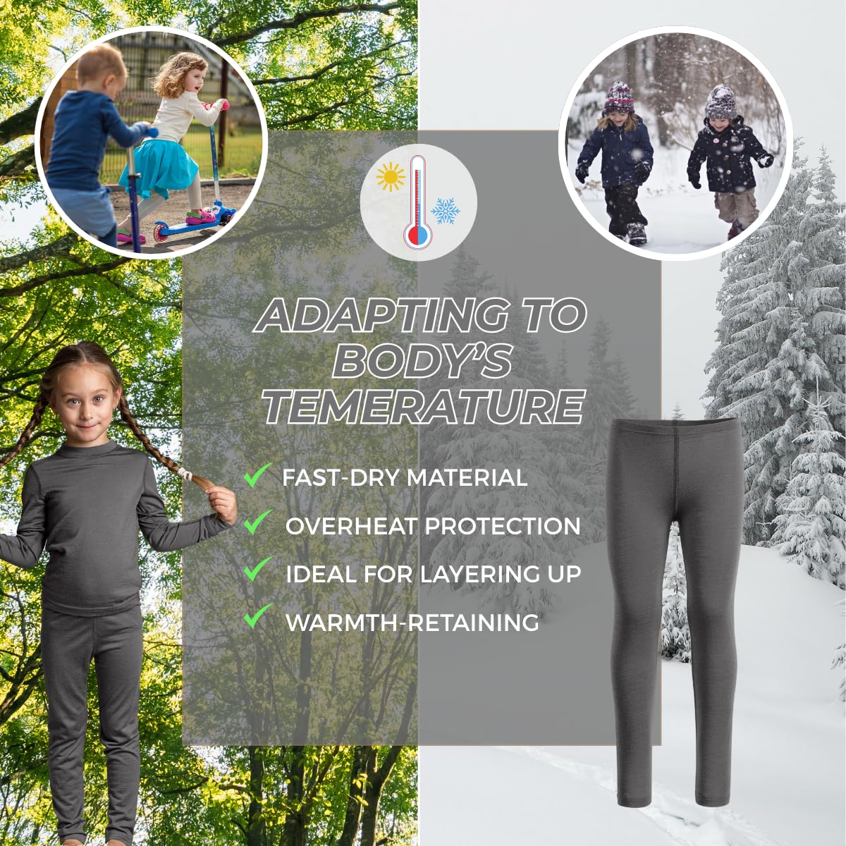 menique Leggings térmicos niños 100% Lana Merino, Gris, 86-92 | Mallas transpirables de secado rápido para niños y niñas, para fútbol, correr, senderismo, deporte outdoor y días fríos
