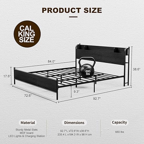 Miniatura 24 de IKIFLY Base de cama tamaño King con cabecera de estante de almacenamiento y estación de carga, cama de plataforma industrial de metal King con luces