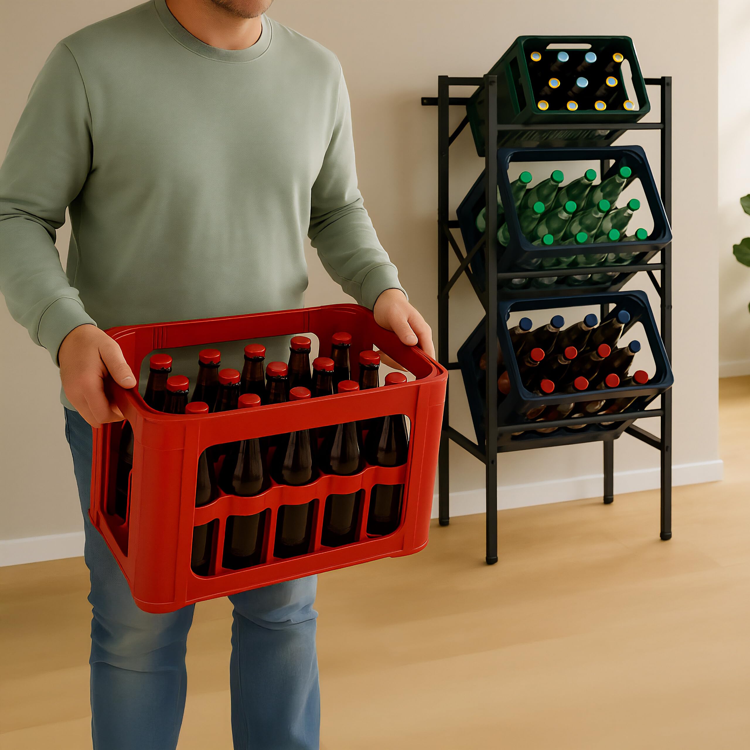 Relaxdays Estantería para Cajas de Bebida, 109x49x32 cm, 450 kg, Estante para Almacenar 3 Cajones Cerveza, Acero, Negro