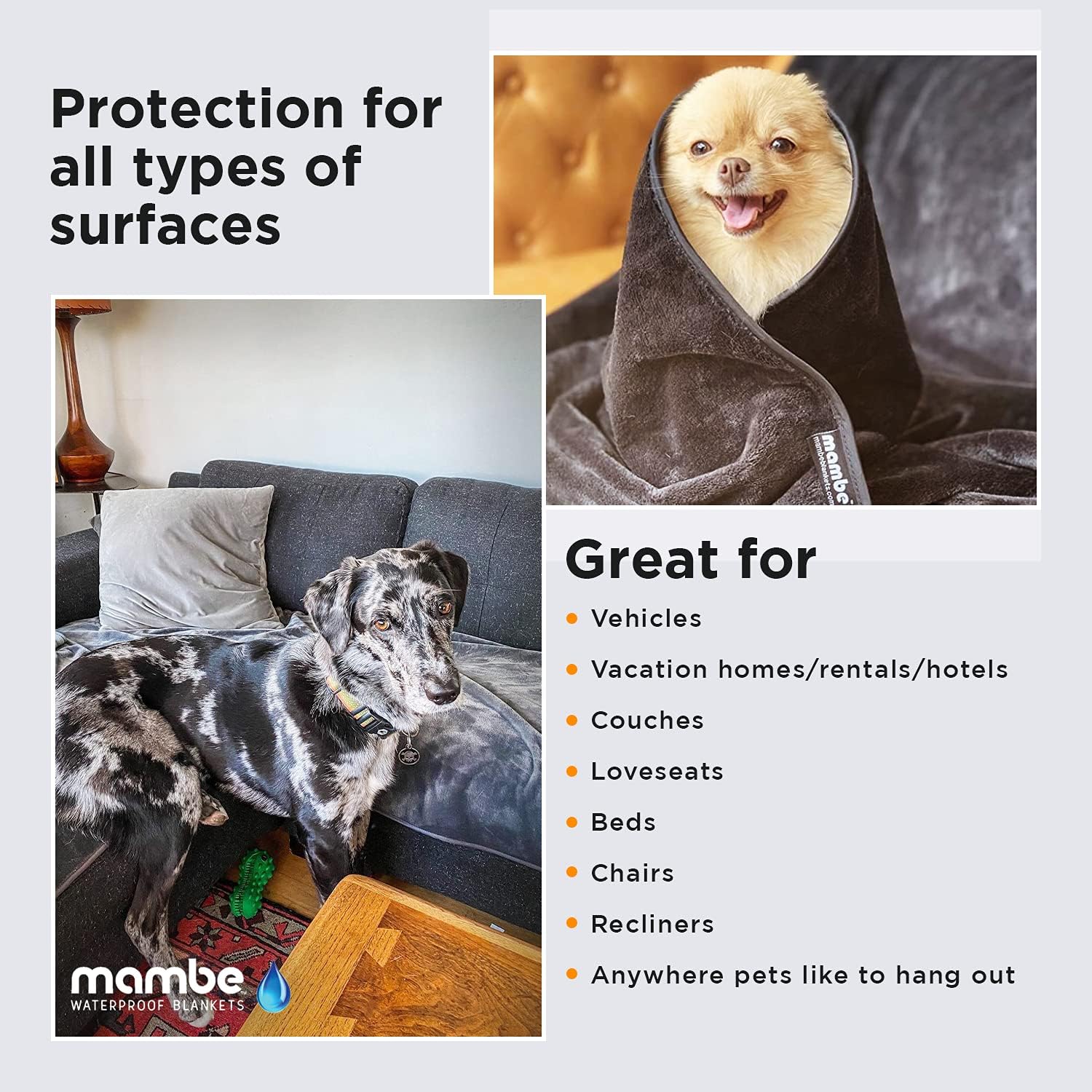 Mambe Non-Slip Pet Blanket Medium, Charcoal and Silver - Soft and Silky Waterproof Throw - Machine Washable Fleece - for Protecting Furniture from Stains - for Dog and Pet Fur