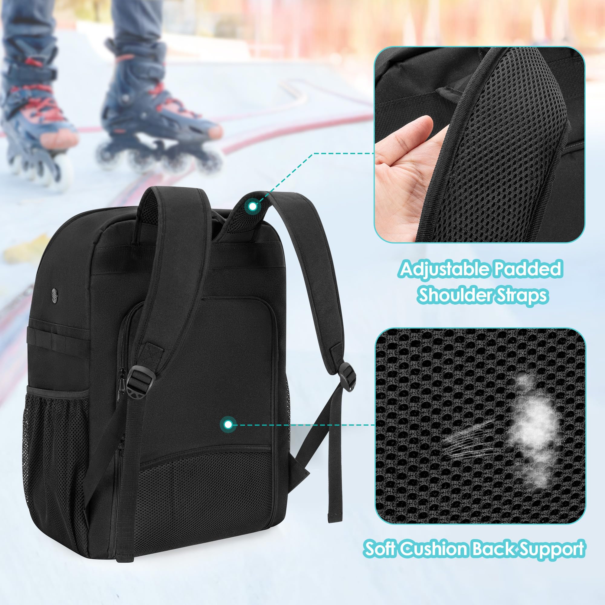 GOBUROS Skate Tasche für Schuhe bis US Herrengröße 13, Rollschuh Rucksack mit Mehreren Zubehörfächern, Inline Skate Tasche für Damen und Herren, Schwarz