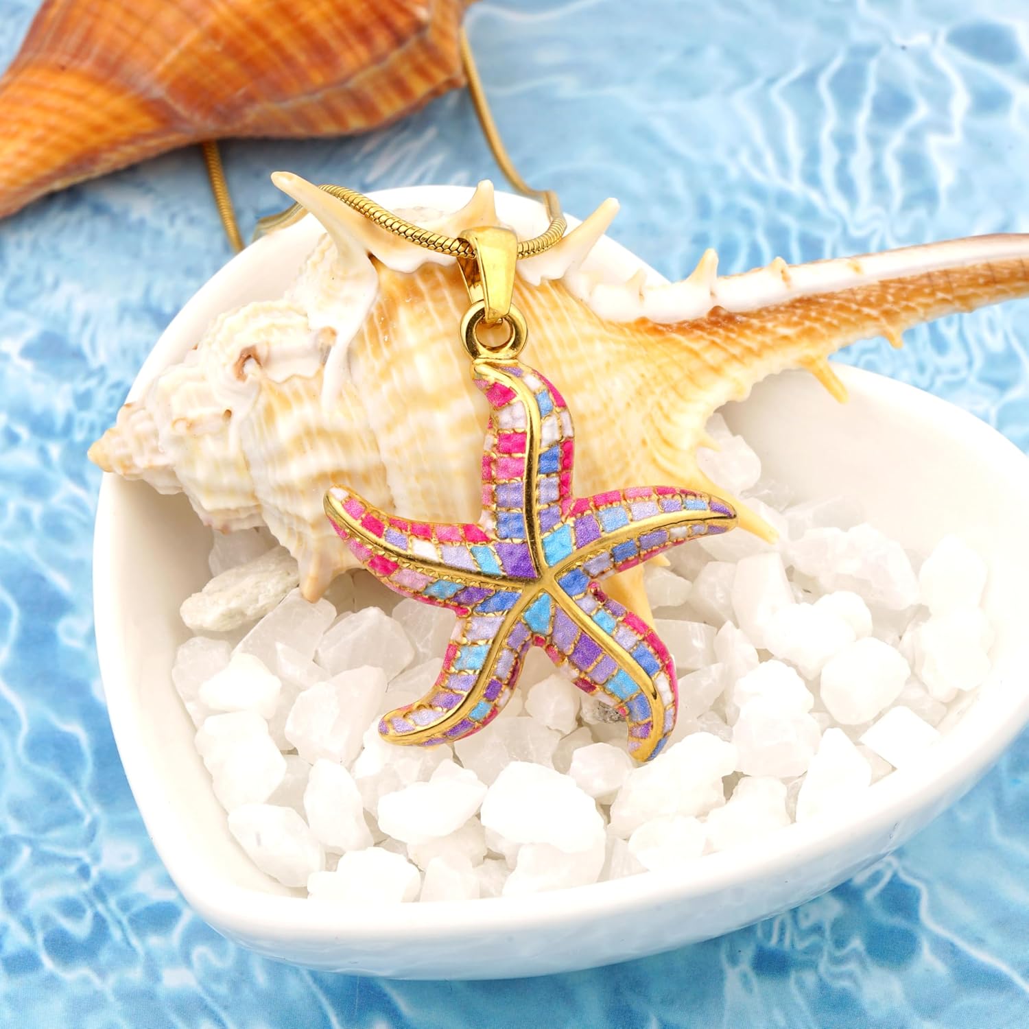 Ocean Dangle Necklace for Women-Hand-Painted Beach Necklace, Stainless Steel Tropical Jewelry with Shell, PalmTree, Sand Dollar, starfish, Octopus & Sea Turtle Charms Vacation Beach Jewelry - Image 3