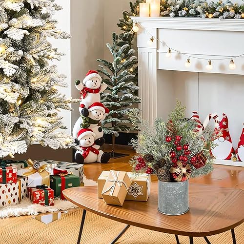Miniatura 5 de Hollyone Paquete de 2 decoraciones de mesa de Navidad de 12 pulgadas, planta artificial pequeña en maceta con adornos de bolas de Navidad, bayas