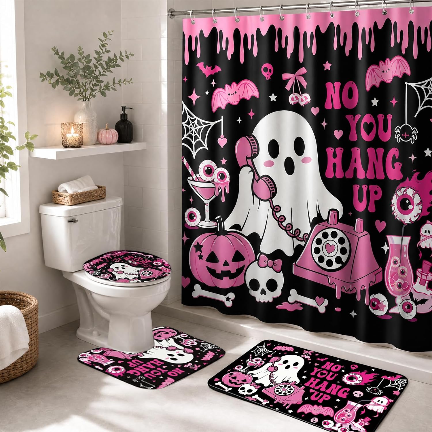 Halloween Shower Curtain Sets, Vintage Ghost Reading Bath Curtain