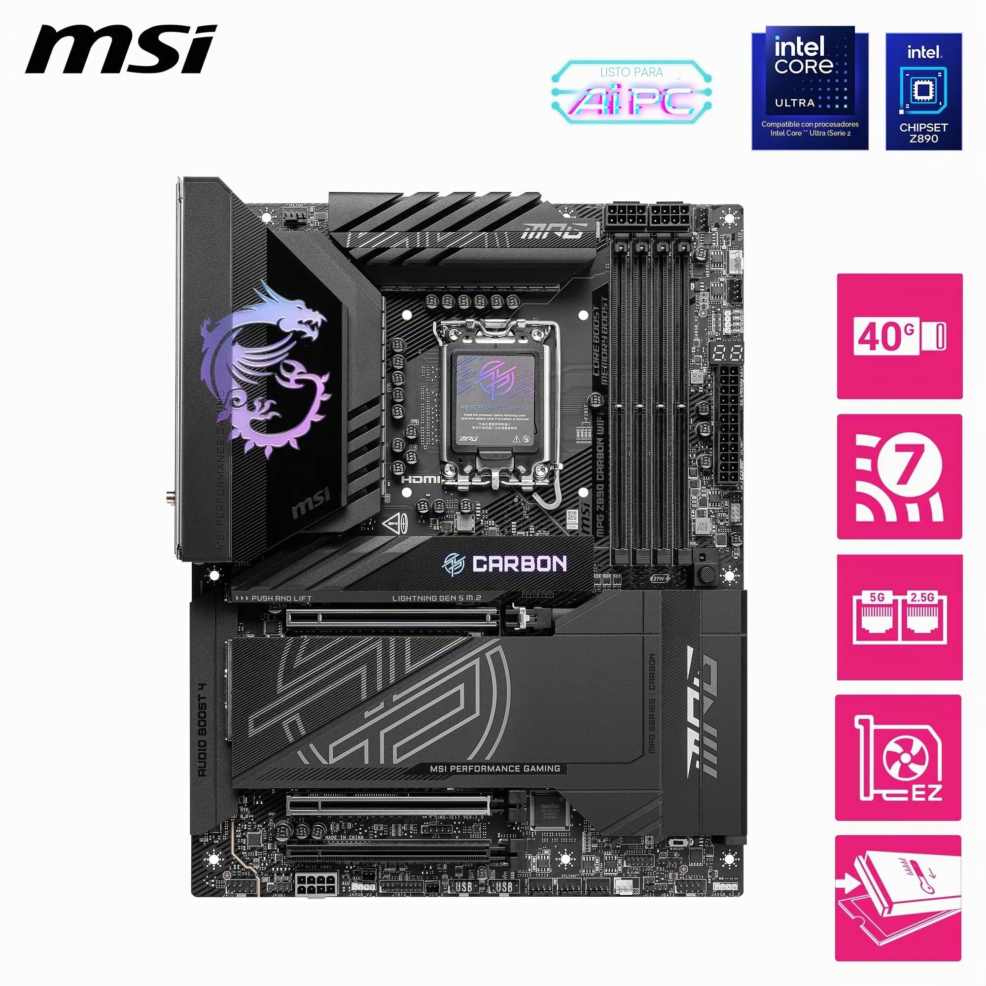 MSI MPG Z890 Carbon WiFi Placa Base - ATX - Admite Intel Core Ultra (Serie 2), LGA 1851-110A SPS VRM, DDR5 Memory Boost 9200+ MT/s (OC), PCIe 5.0 x16 & 4.0 x16, M.2 Gen5, Wi-Fi 7, 5G L