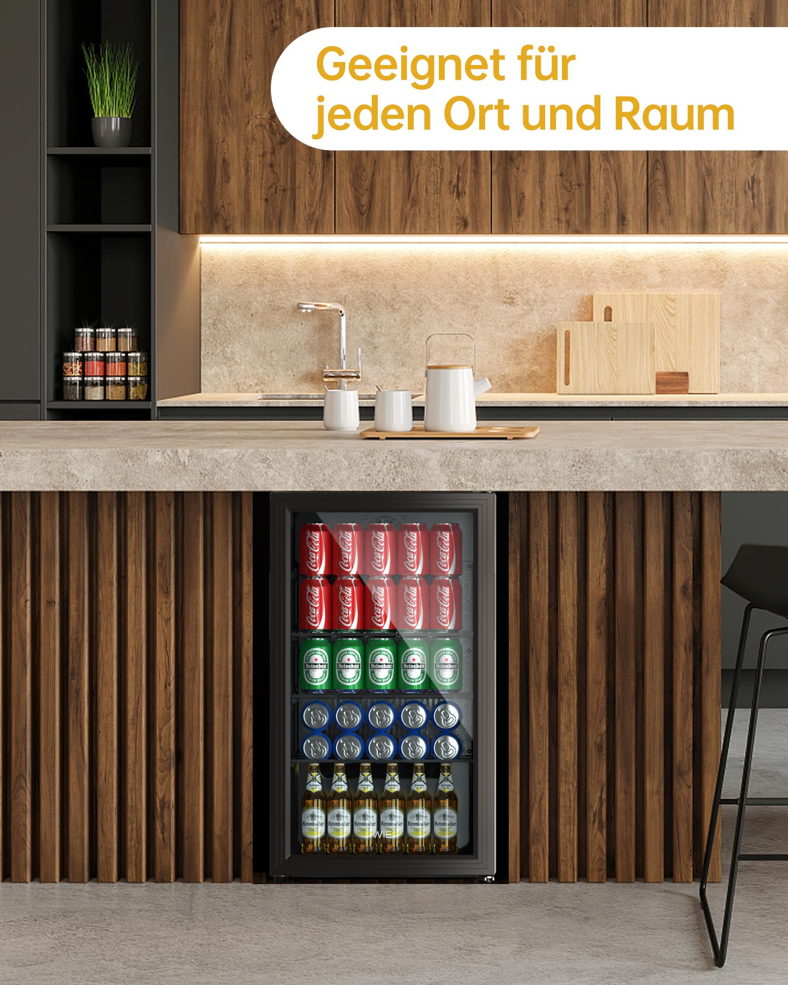 WIE Getränkekühlschrank Mini Kühlschrank Doppelte Glastür 86 Liter 120 Dosen Leise
