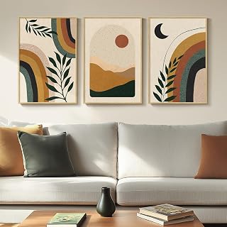Framed Boho Tropical Leaves Wall Art for Living Room, Large Mid Century Bohemian Leaf Colorful Canvas Artwork for Walls, 3 Piece Orange Beige Sun and Moon Wall Art Prints for Bedroom Decor, 16x24 In