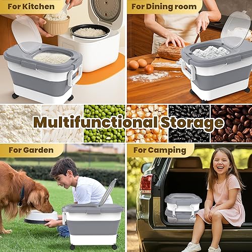 Miniatura 7 de HOYTAMDA - Recipiente de arroz de 20 a 30 libras, contenedores herméticos plegables para almacenamiento de alimentos con ruedas, asa, contenedor de
