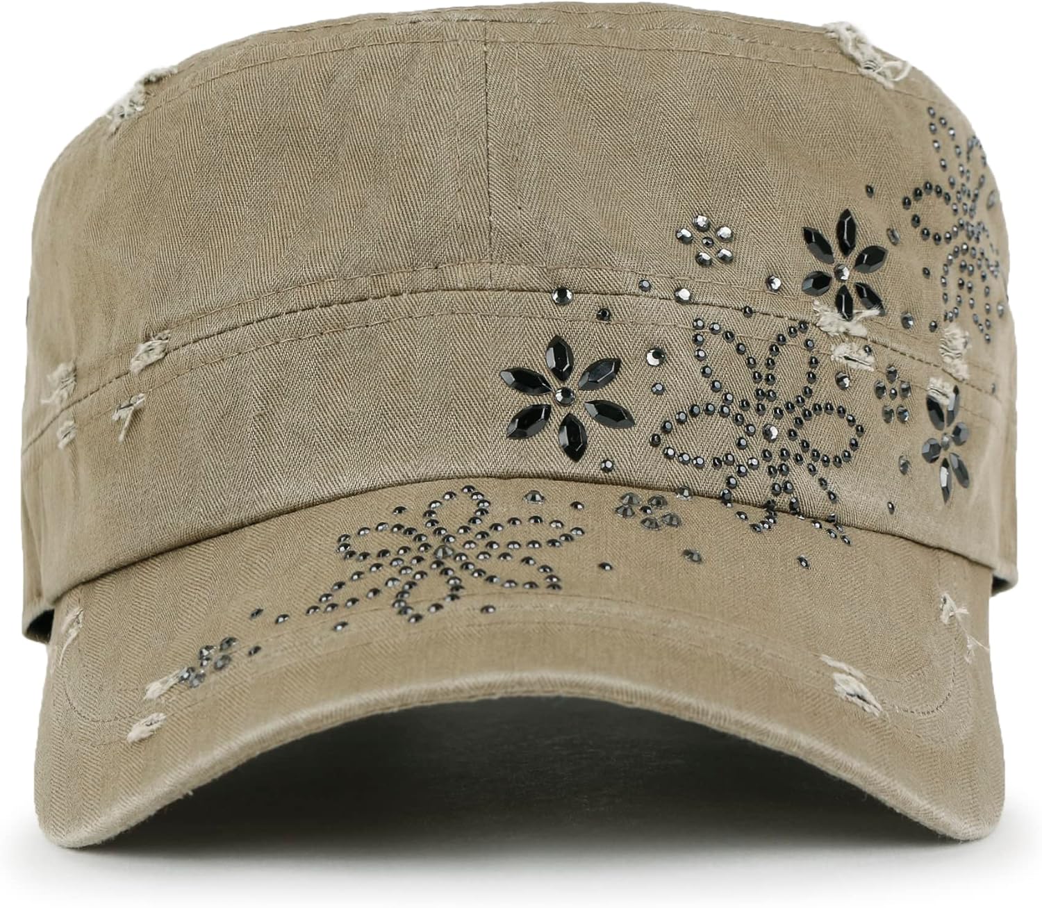 ililily Rhinestone Cotton Cadet Cap Vintage Distressed Cotton Military Army Hat