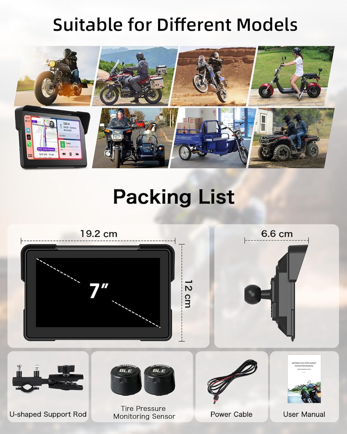 2026 7 Inch HD Motorcycle Carplay Screen with TPMS, Apple CarPlay & Android Auto, GPS Navigation, Voice Control, IP67 Waterproof, Brightness Adjustment, Screen Lock PIN, Bluetooth