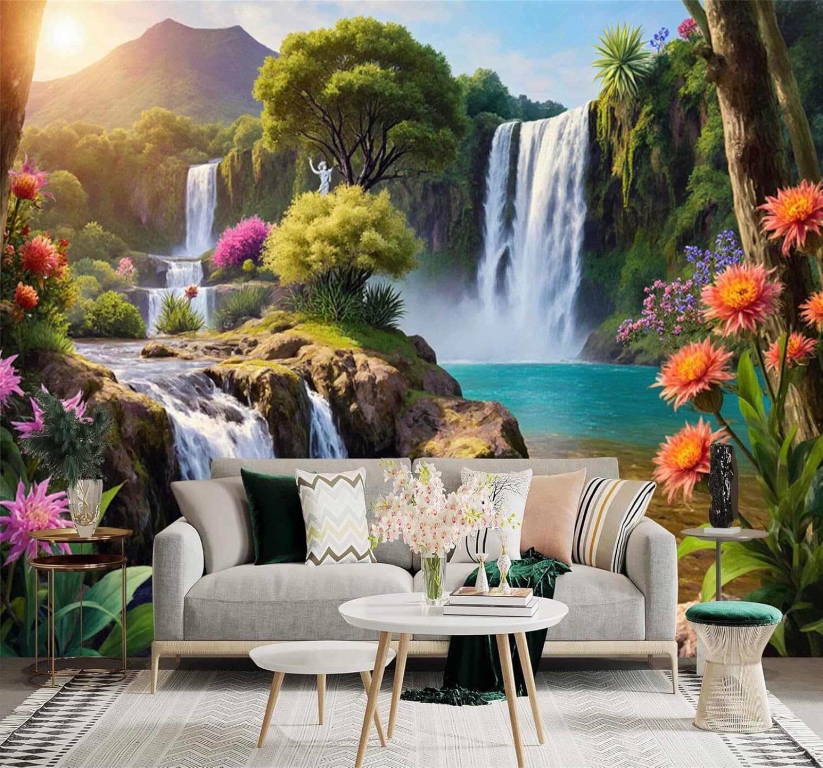 XLMING Tropical Waterfalls Flowers Trees Mountain Scenery 3D Wallpaper Premium Textured Silk Study Dining Living Room Bedroom Sofa TV Wall Easy Install-400cm×280cm