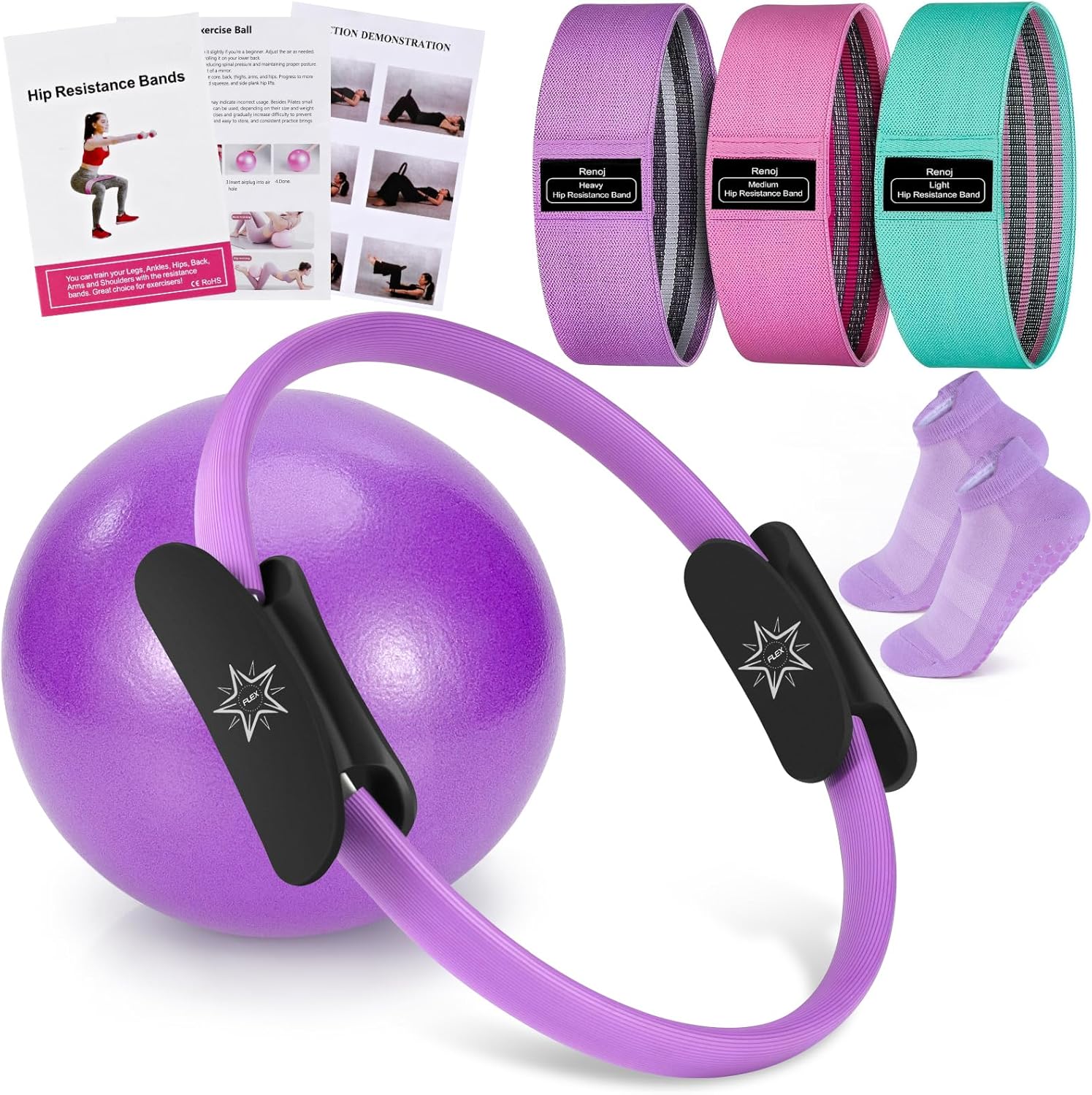 Pilates Essentials Kit for Home Women, Ring and Ball Set, Pilates Equipment for Workouts, 3 Resistance Bands, Grip Socks, 14 Inch Magic Circle, Mini Exercise Ball, Great Exercise Equipment