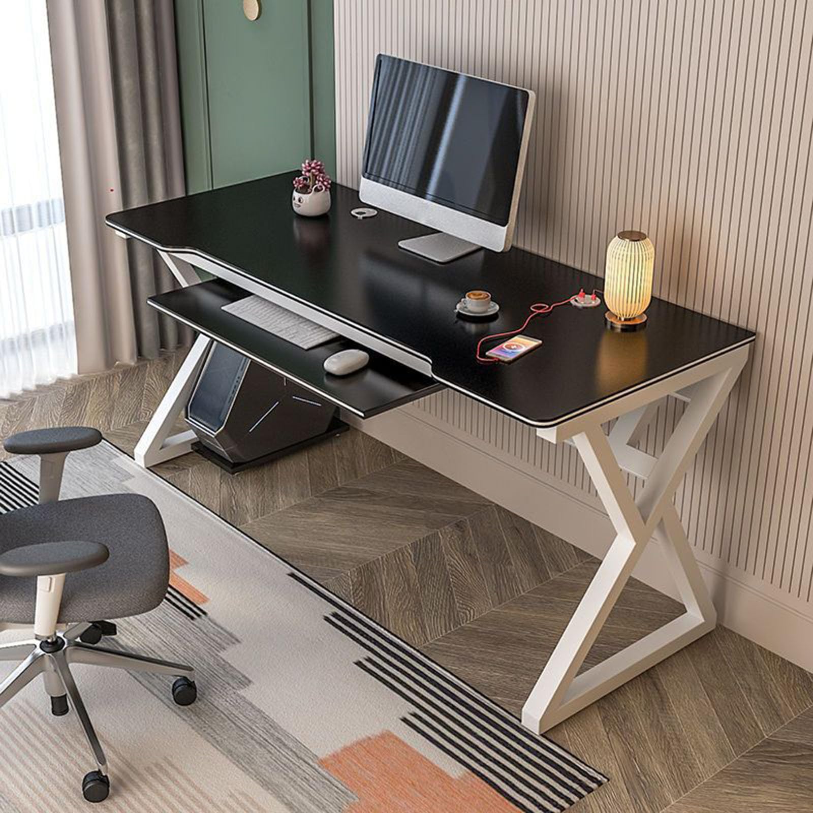 JOMRTS Computer Desktop Desk Household Small Student Writing Desk Gaming Desk with Keyboard Holder/Sound Holder for Home (Black 110 * 60 * 75cm)