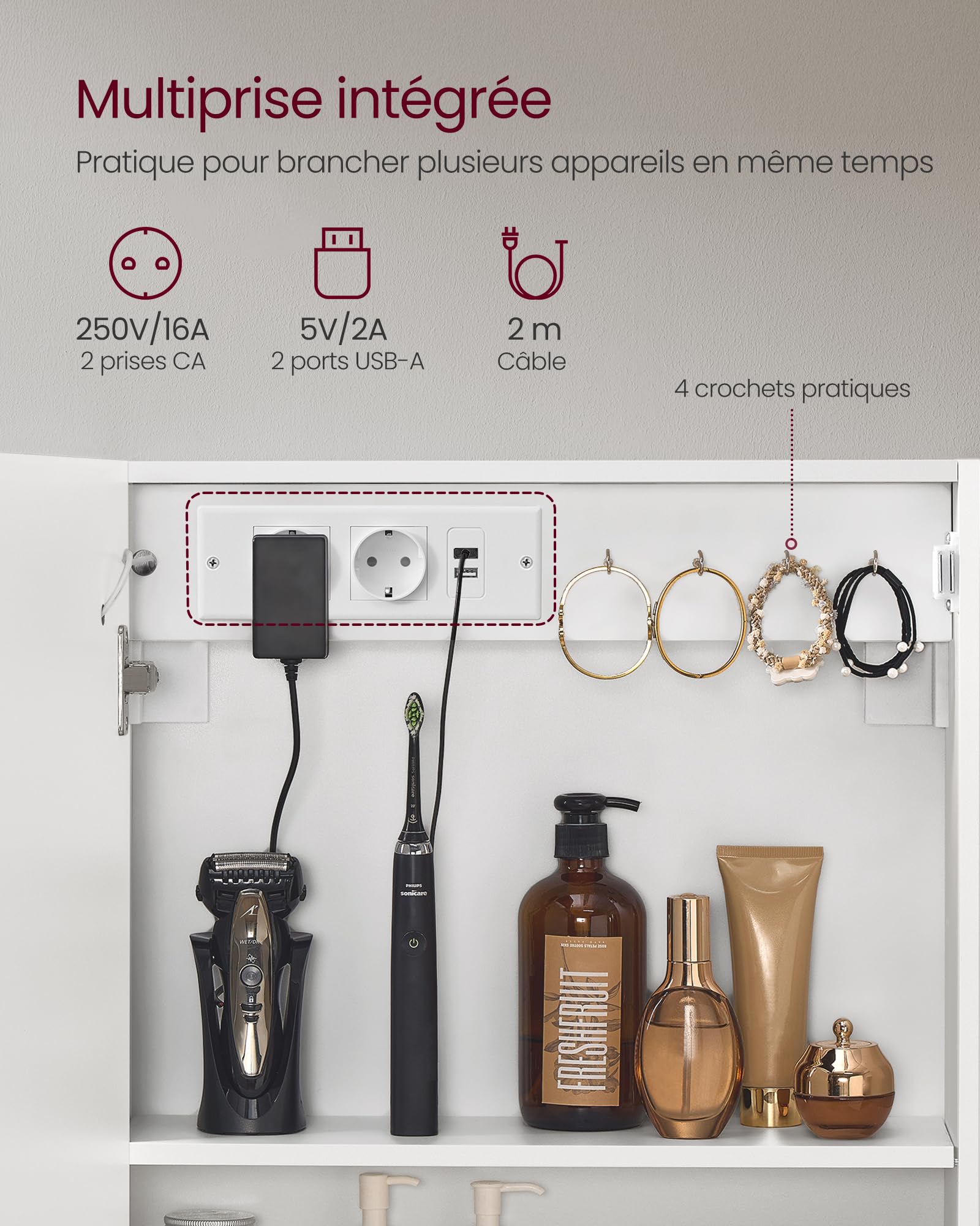 VASAGLE Kailyn Collection - Armoire Murale Salle de Bain avec Miroir, avec LED, Multiprise, Fonction Anti-buée, Miroir Grossissant 10x, Style Moderne, 16,5 x 50 x 60 cm, Blanc BBK133W01