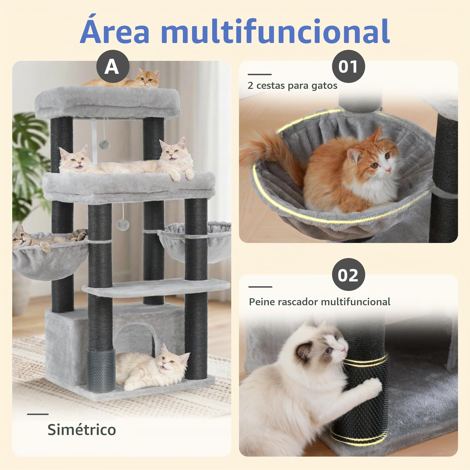 Hey-brother Rascador para Gatos, Poste de Sisal 8 cm Grosor, Cueva, MPJ02G | 130cm Árbol Rascador Para Gatos, con 2 Plataforma, 2 Cesta, Cepillo para Mascotas, para Gato de Interior, Gris Claro