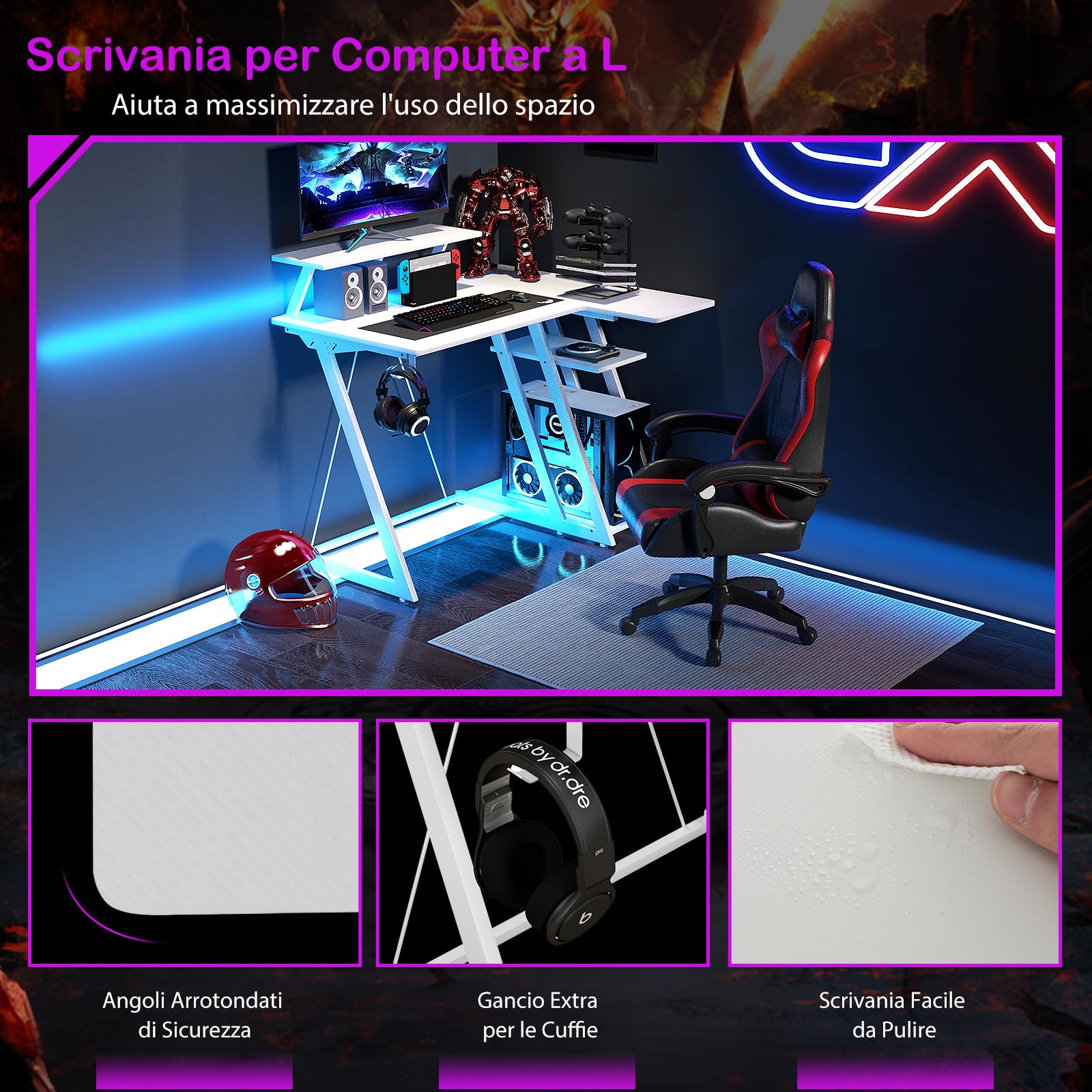 COSTWAY Scrivania Angolare Salvaspazio, Scrivania da Gaming con Prese, Porte USB, Ripiano per Monitor, Gancio per Cuffie, Ripiano e Supporto per CPU, Scrivania ad Angolo per Casa e Ufficio (Bianco)