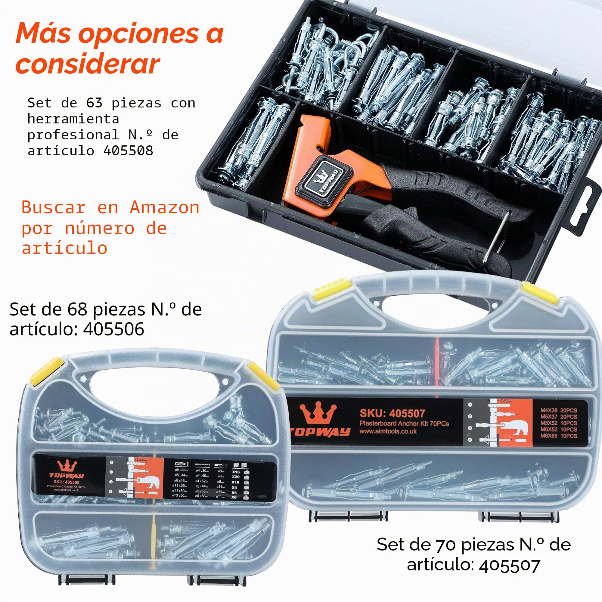 TOPWAY Juego de Herramientas para Fijar Anclajes de pared 72 Piezas, Acero Metal Cartón Cavidad Fijaciones Paredes Huecas Tornillos Anclajes Tapones Surtido Juego 405504
