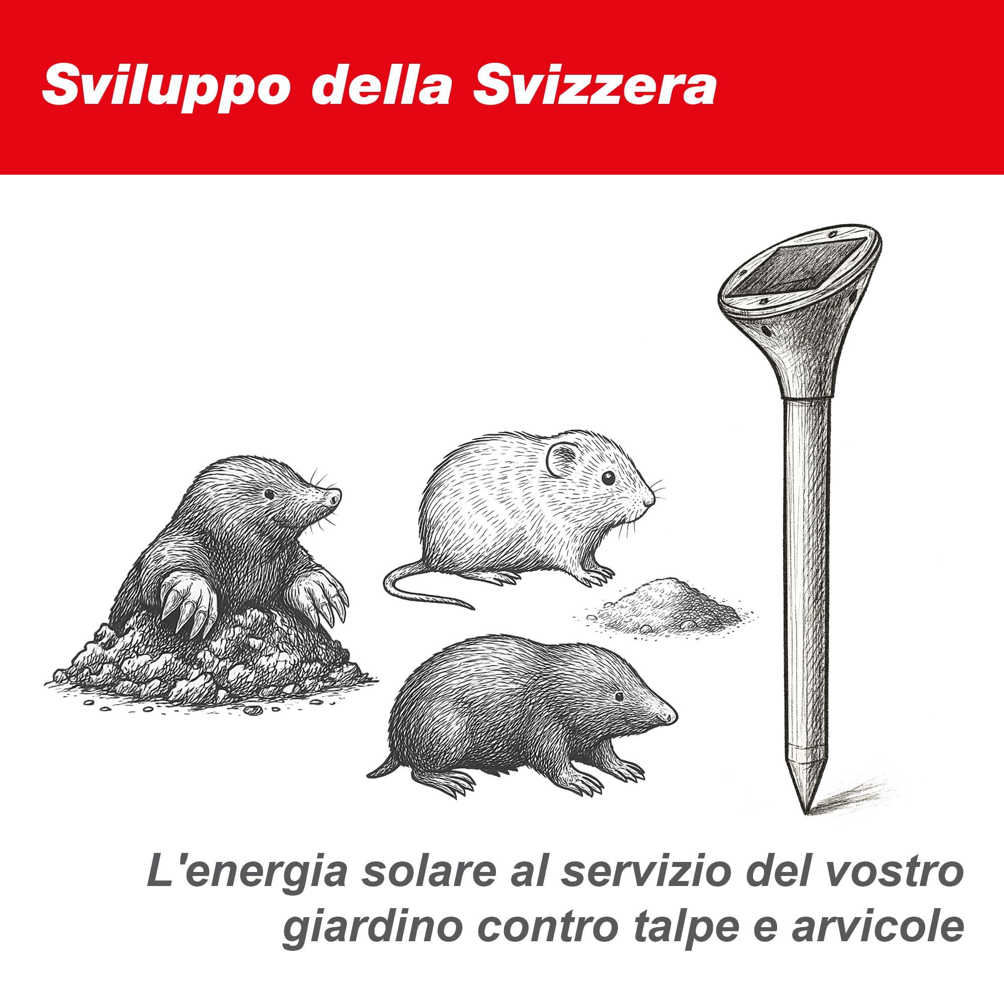 SWISSINNO Dissuasore solare talpe arvicole fino a 650 m² ultrasuoni vibrazioni anti roditori resistente alle intemperie per giardino prato funzionamento continuo giorno notte dispositivo 1 pezzo