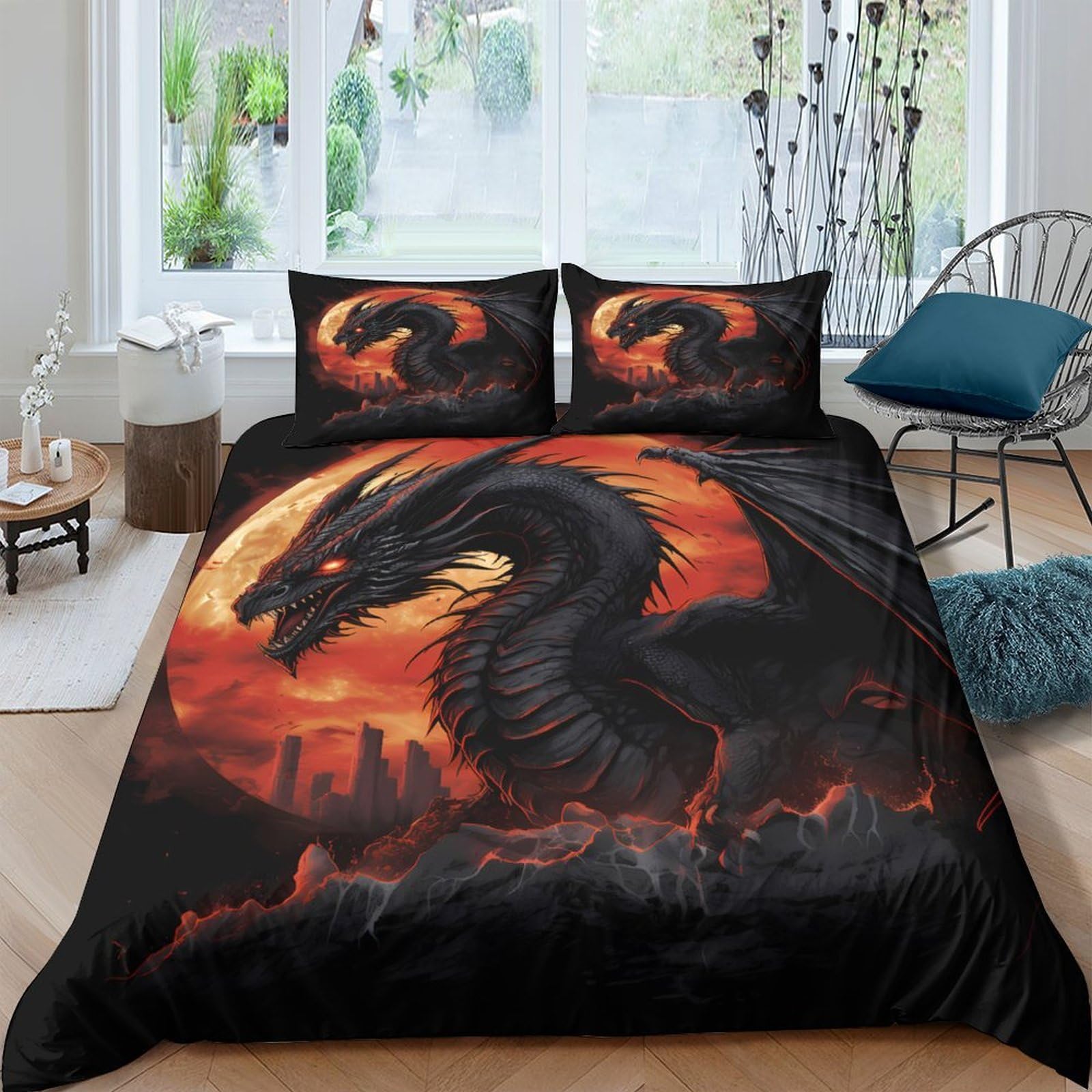 Ctjqhvkz Style-1 3D Printed Black Dragon Fitted Sheet Microfiber Soft Breathable Fire Landscape Mattress Cover For Bedroom Decor Single（135X200cm）