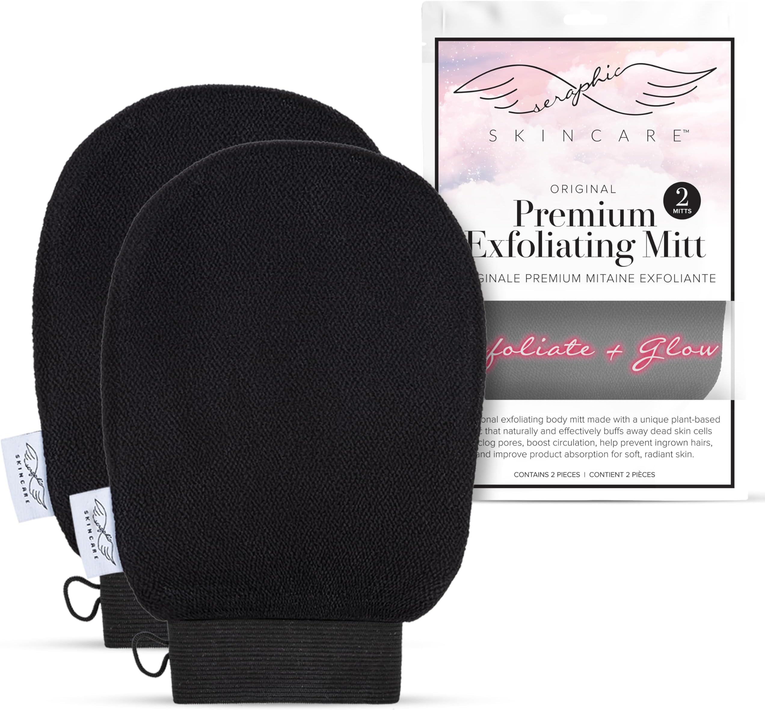 Seraphic Skincare (Original) Premium Exfoliating Mitt For Body (2Pc) – 100% Vegan Viscose Traditional Scrub Glove Kessa Korean Washcloth Exfoliator Self-Tan Removal & Keratosis Pilaris
