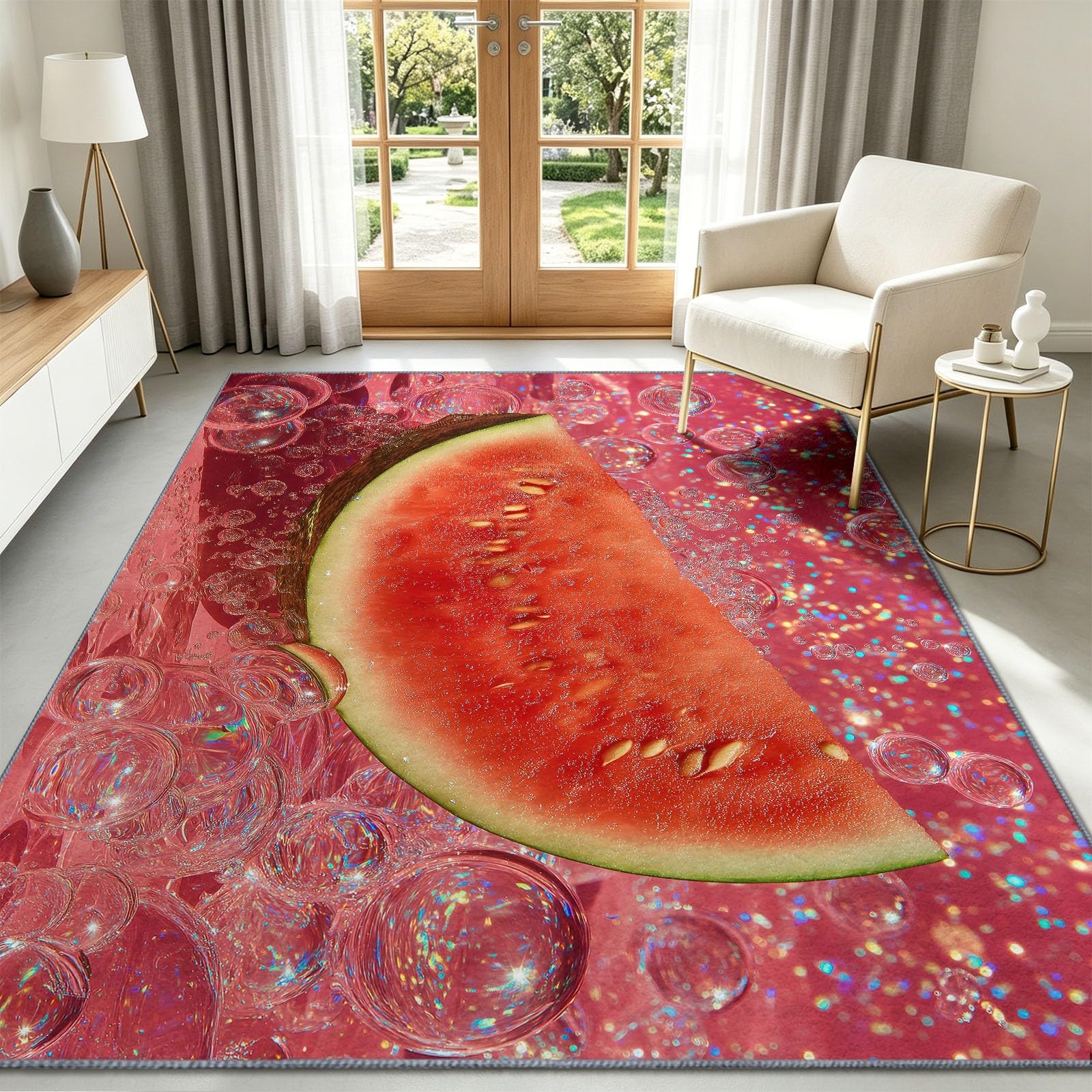 Tappeto a forma di disco di anguria scintillante, per soggiorno, 80 x 150 cm, a pelo corto, per fotografia fantasia, morbido, antiscivolo, lavabile, per camera da letto, cameretta dei bambini