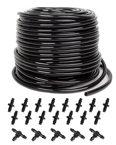 Tubo de riego por goteo de 100 pies, manguera de riego por goteo de 1/4 pulgadas con 20 piezas de riego por goteo, kit de riego por goteo MoHern
