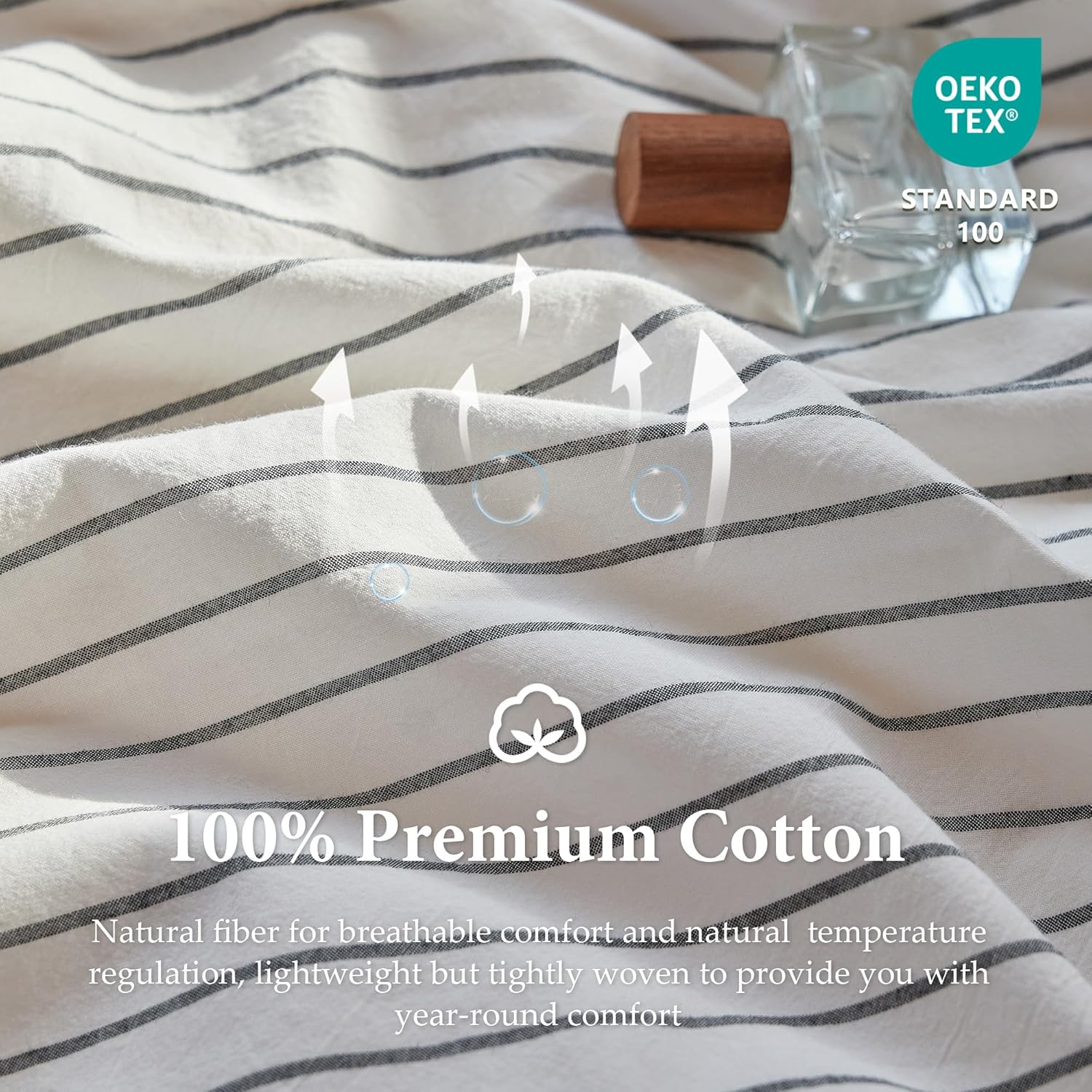 Striped 100% Washed Cotton Duvet Cover Set Queen 3Pcs(1 Comforter Cover&2 Pillowcases), Natural Cotton Bedding Set Soft Breathable Farmhouse Zipper Closure All Seasons(White-Dark Gray,Queen)