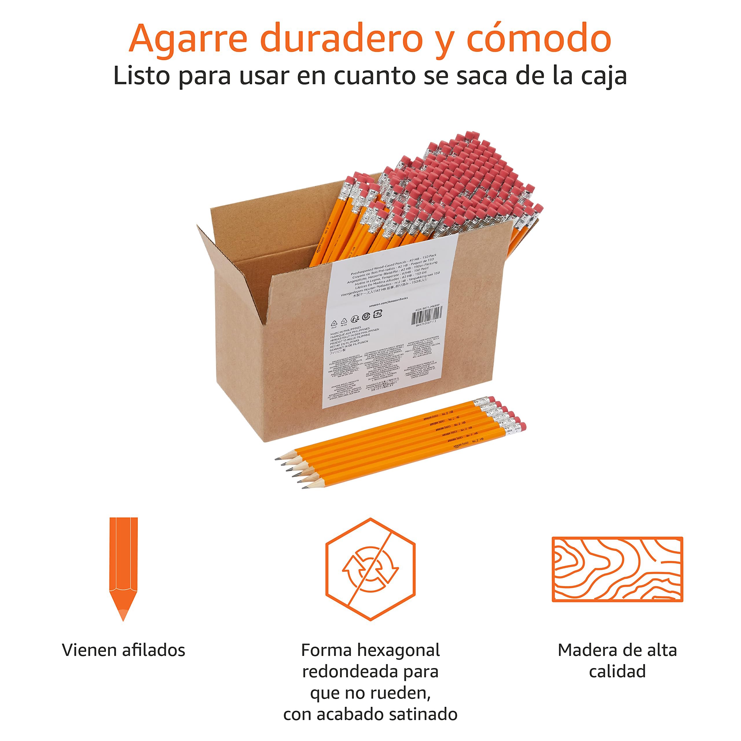 Amazon Basics Lápices 2HB de grafito con recubrimiento de madera, preafilados, sin manchas, punta de goma de borrar, escuela, paquete de 150