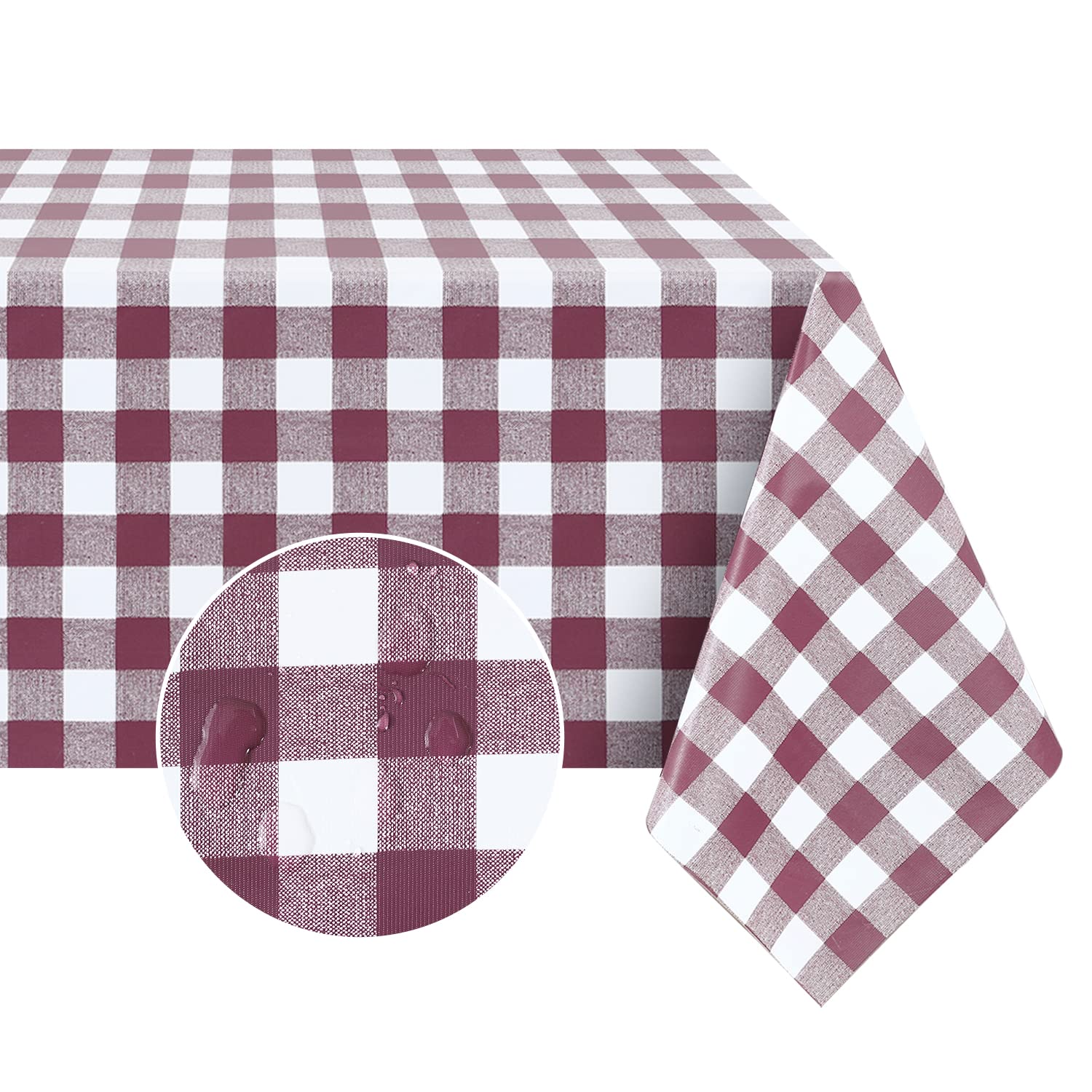 Romanstile Rectangle Vinyl PVC Tablecloth, 100% Waterproof Buffalo Plaid Plastic Table Cloth, Oil Proof Heavy Duty Wipeable Table Covers for Dining/Camping/Picnic/Outdoor - 60 x 84, Burgundy